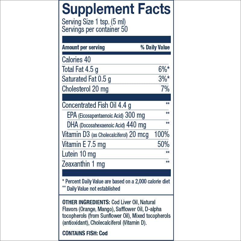 Wiley's Finest Cod Liver Oil, etiqueta detallada mostrando DHA, EPA y vitaminas.