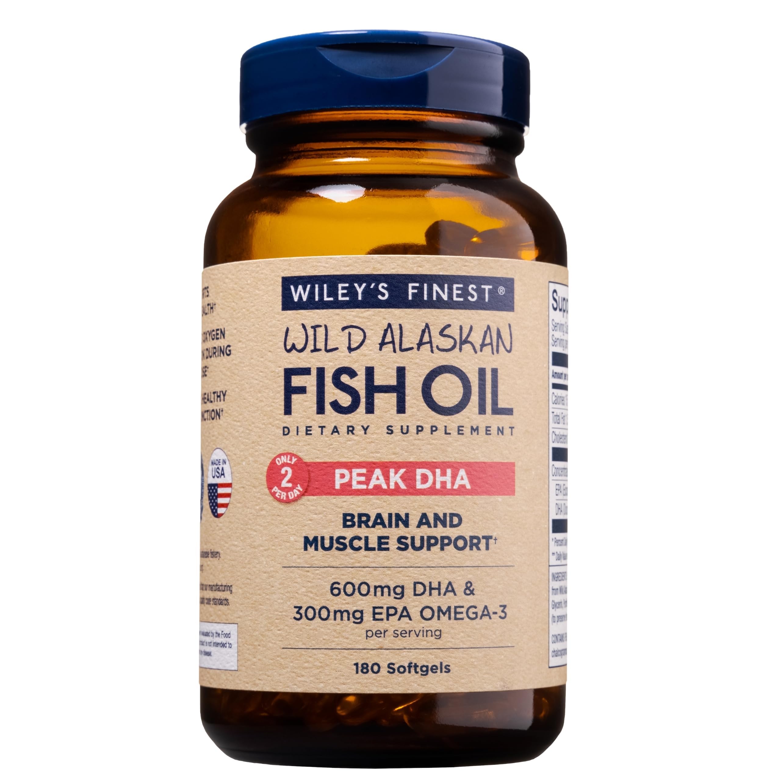 Wiley's Finest Peak DHA, botella frontal, aporte diario de omega-3 para bienestar general.