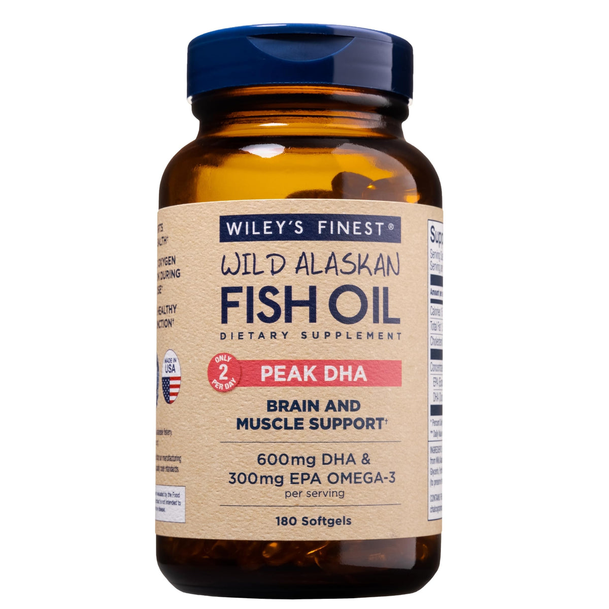 Wiley's Finest Peak DHA, botella frontal, aporte diario de omega-3 para bienestar general.