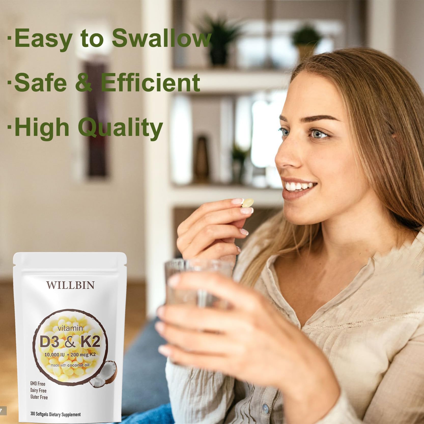 Etiqueta Willbin D3-K2 10000IU destacando pureza y potencia.