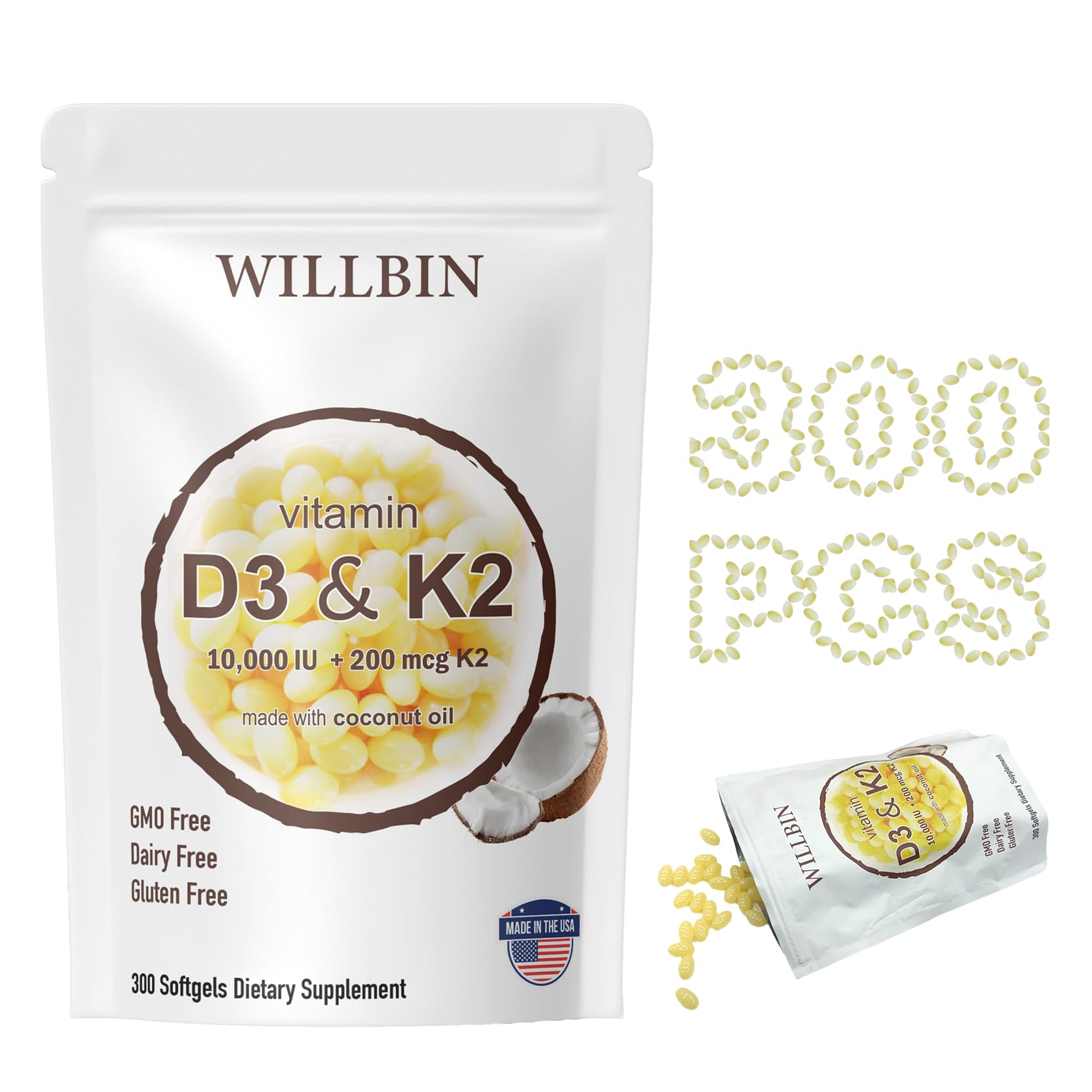 Willbin vitamina D3-K2 softgels en botella, cápsulas fáciles de tragar.