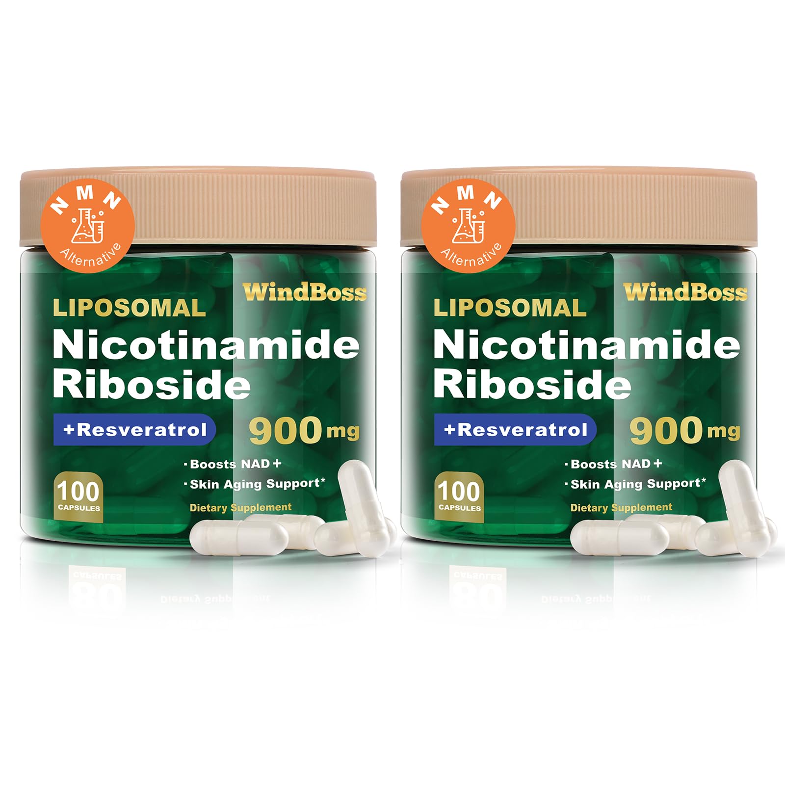 Windboss Liposomal NAD+ - botella frontal para energía diaria y enfoque sostenido.