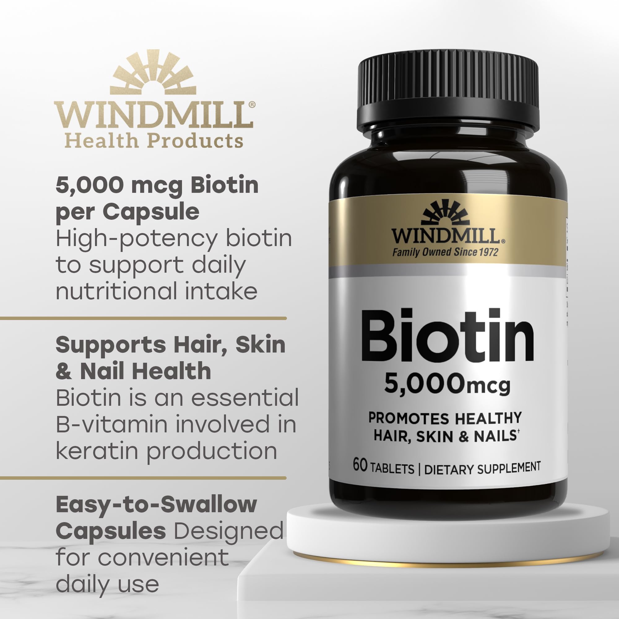 Windmill Biotina 5000 mcg, etiqueta clara con información y beneficios.