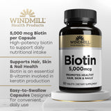 Windmill Biotina 5000 mcg, etiqueta clara con información y beneficios.