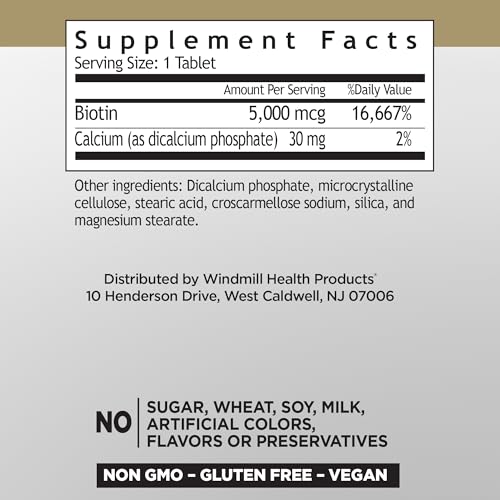 Windmill Biotina 5000 mcg, tableta sólida para suplementación diaria.