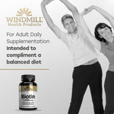 Windmill Biotina 5000 mcg, toma diaria para apoyar metabolismo básico.