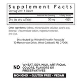Windmill Tabletas de Zinc Sulfato, etiqueta con información de ingredientes