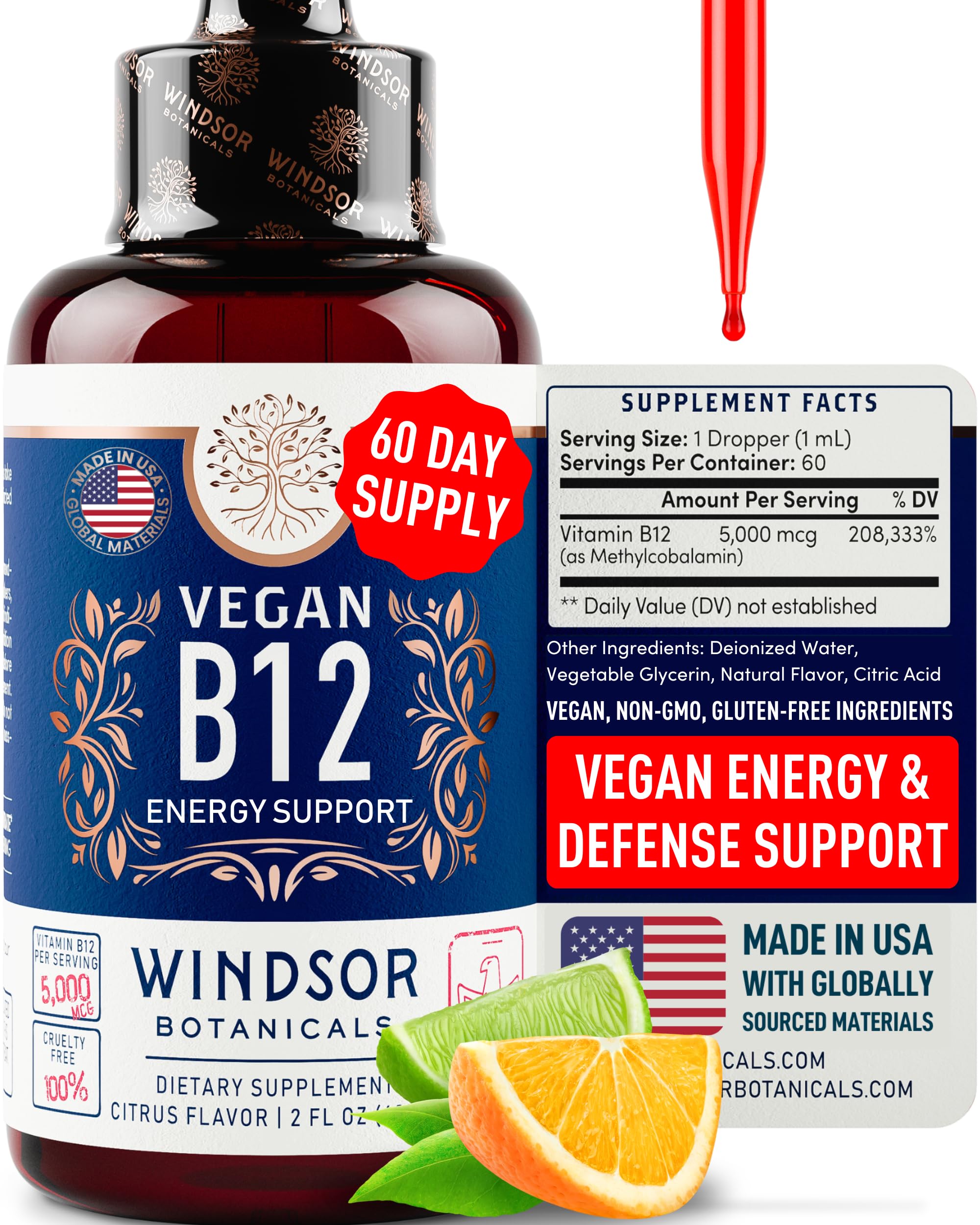 Windsor Botanicals B12: gotas sublinguales para energía diaria.