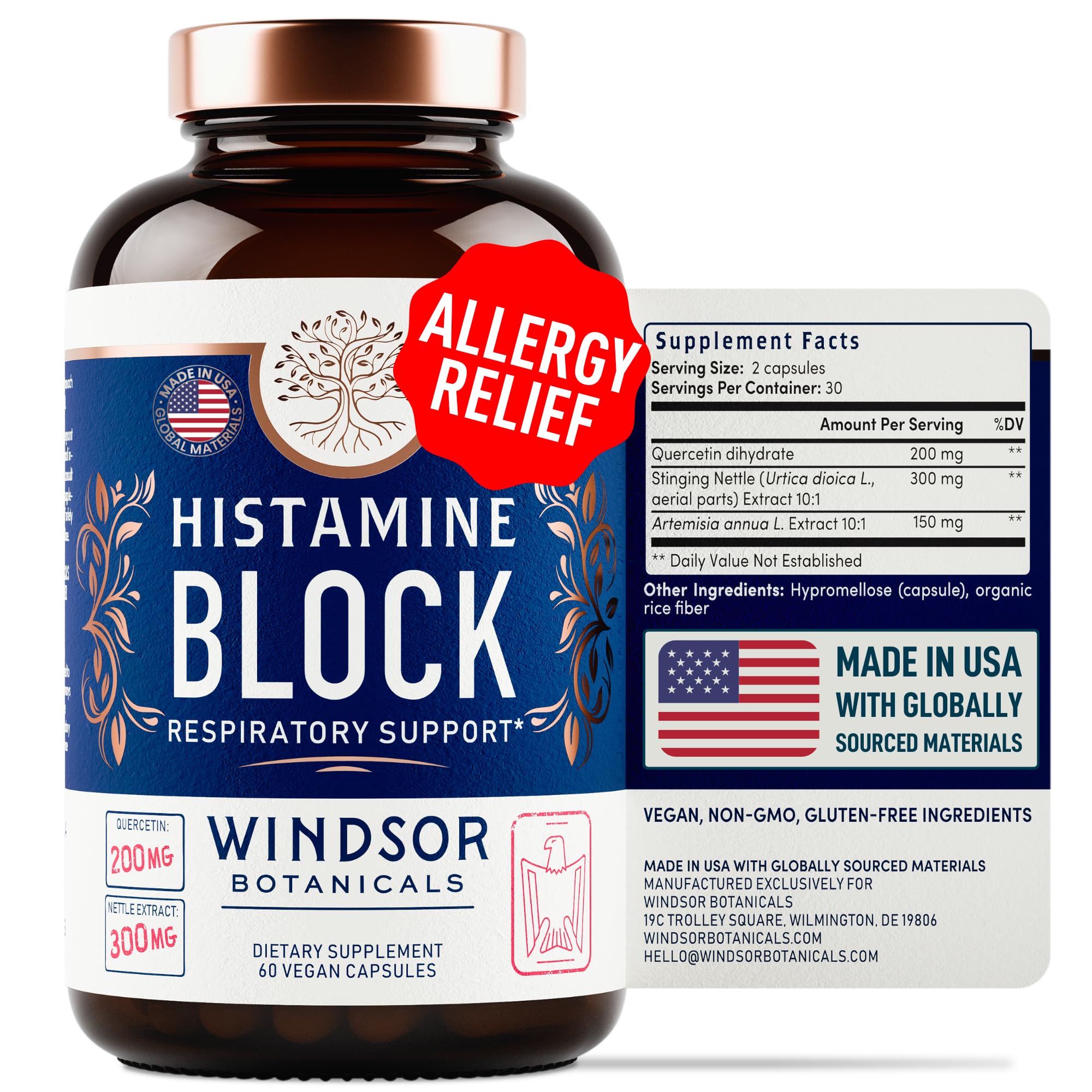 WINDSOR BOTANICALS Bloqueador de histamina botella: apoyo natural para molestias estacionales
