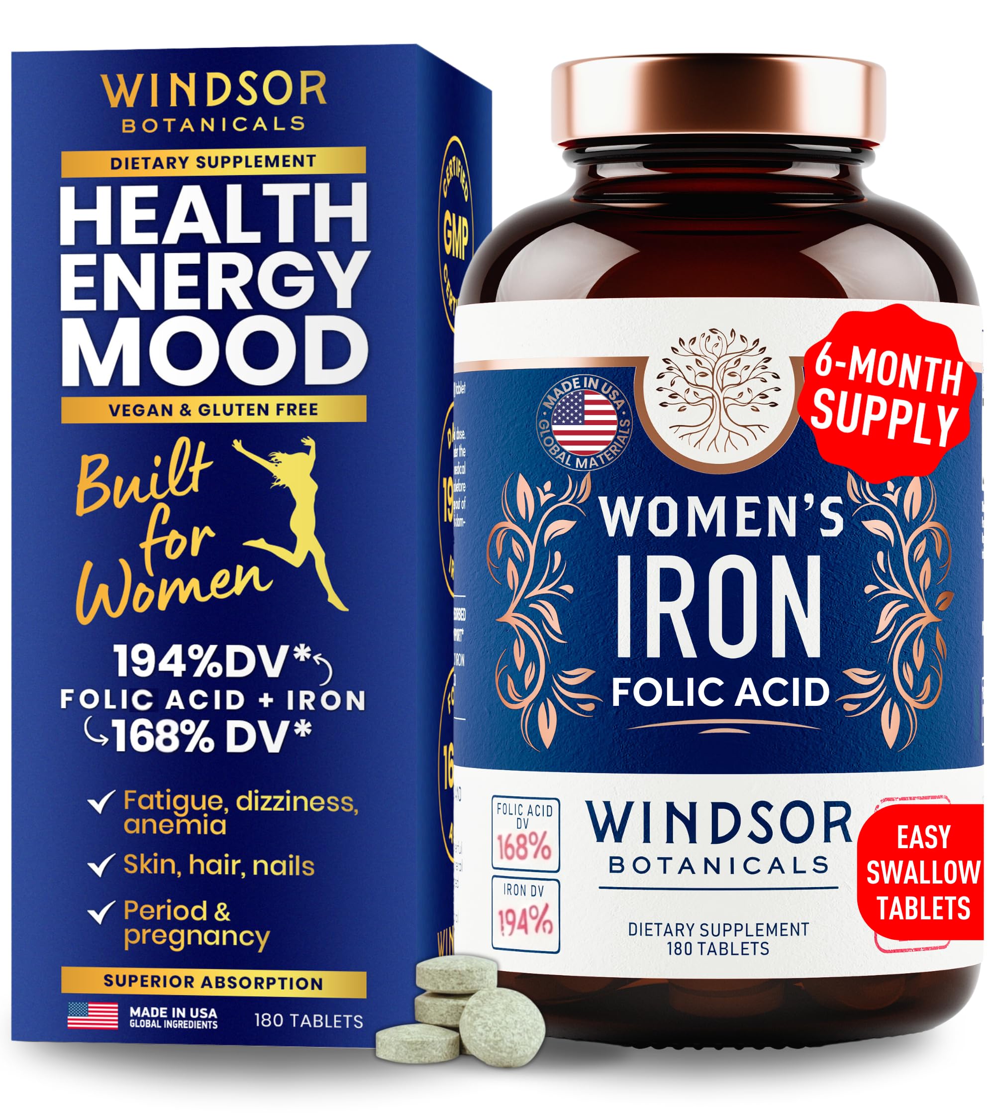 WINDSOR BOTANICALS botella de hierro suave para energía diaria.