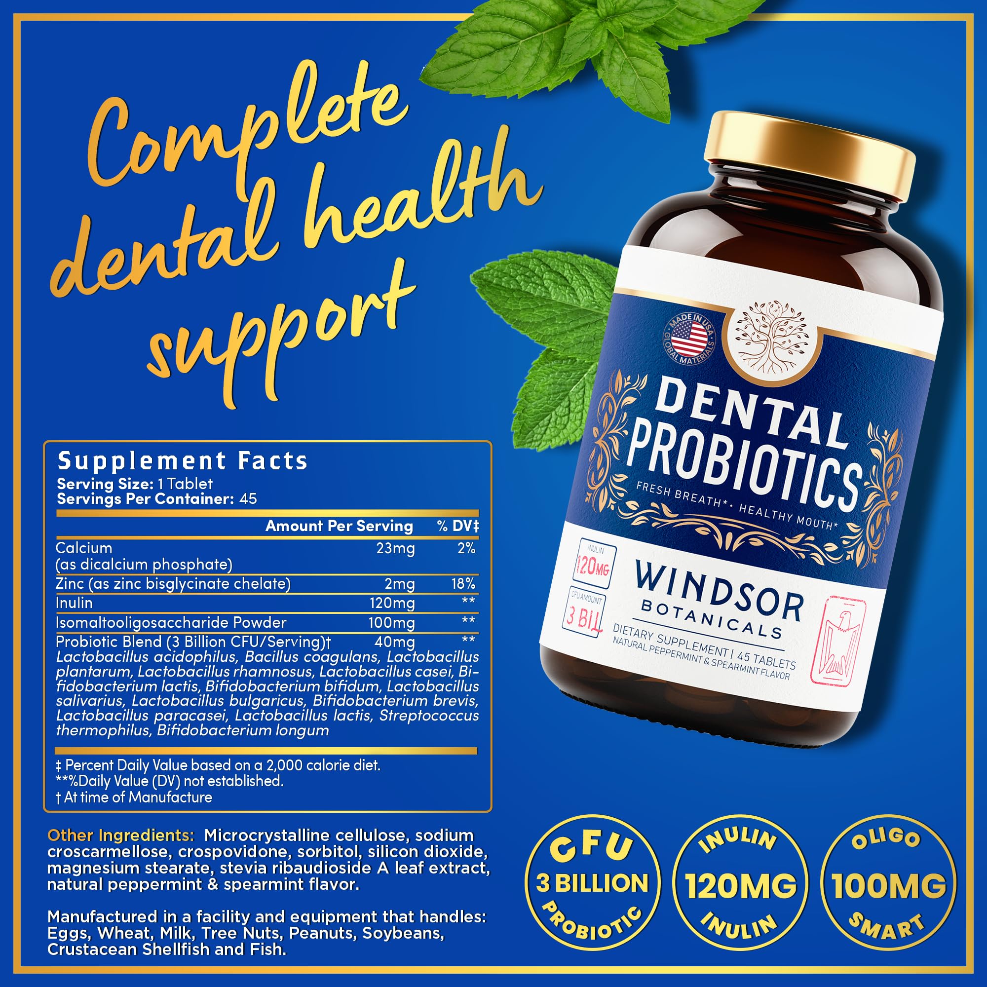 Botella de probióticos Windsor Botanicals para dientes y encías