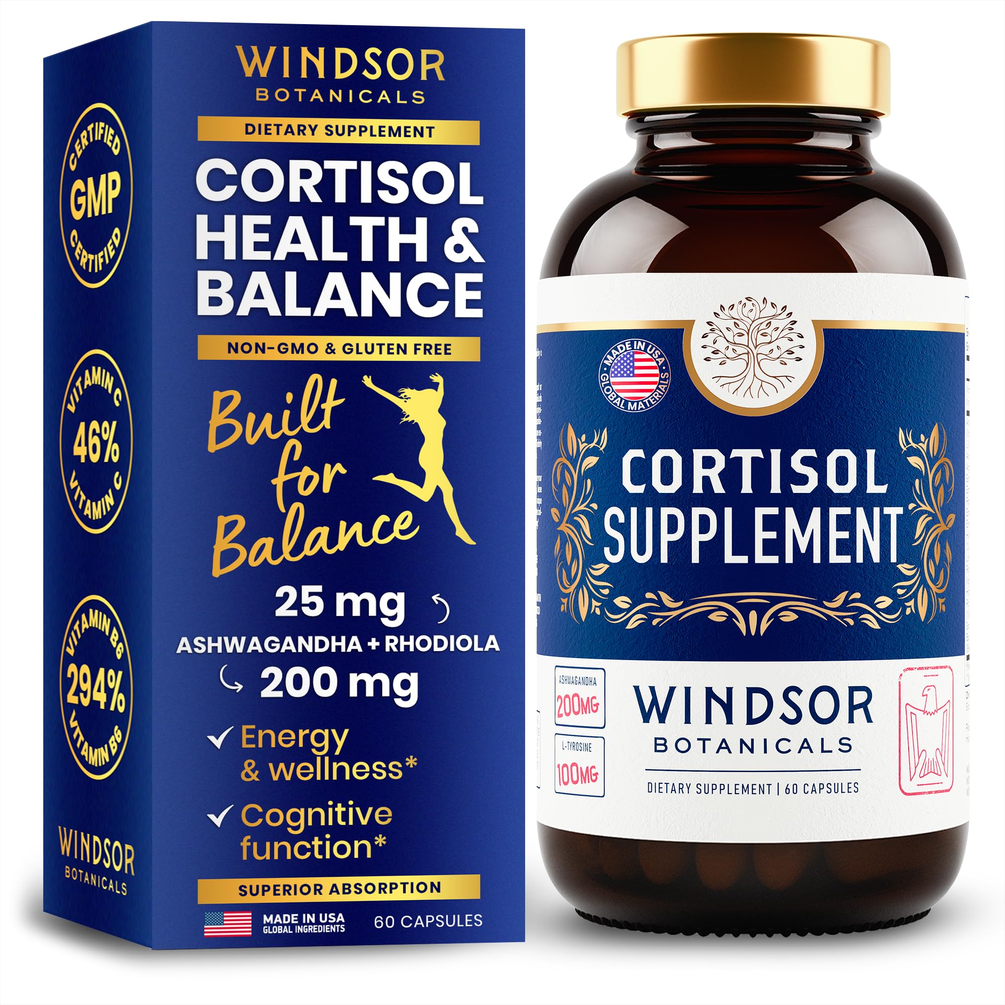 Cápsulas Windsor Botanicals cortisol en caja, calma diaria.