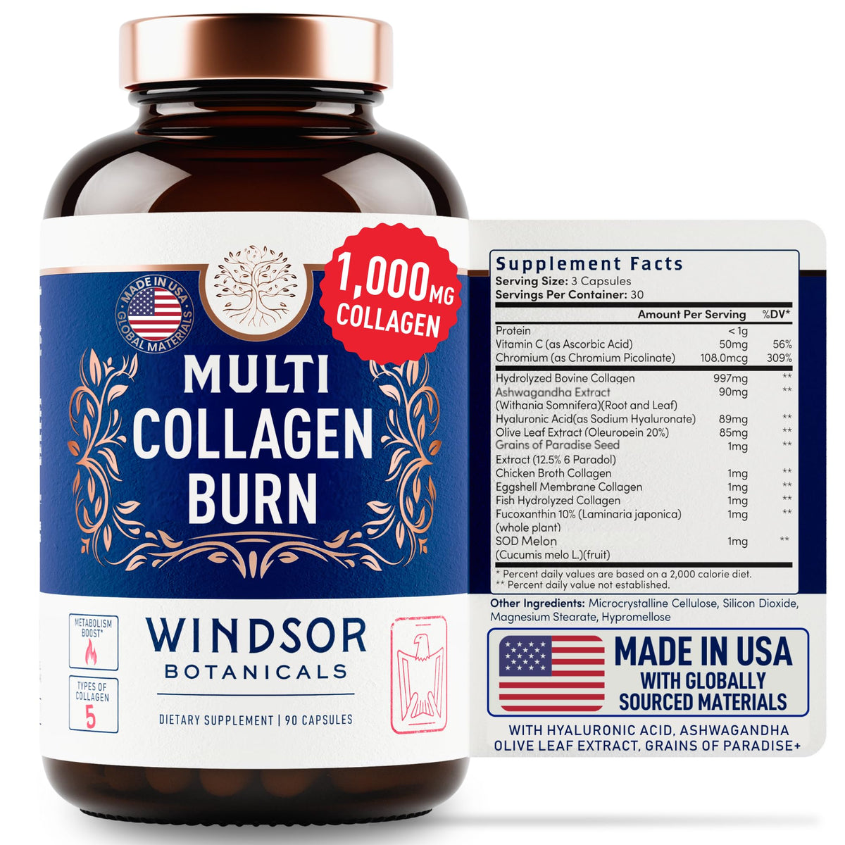 Cápsulas termogénicas WINDSOR BOTANICALS en botella para apoyo posible al metabolismo diario