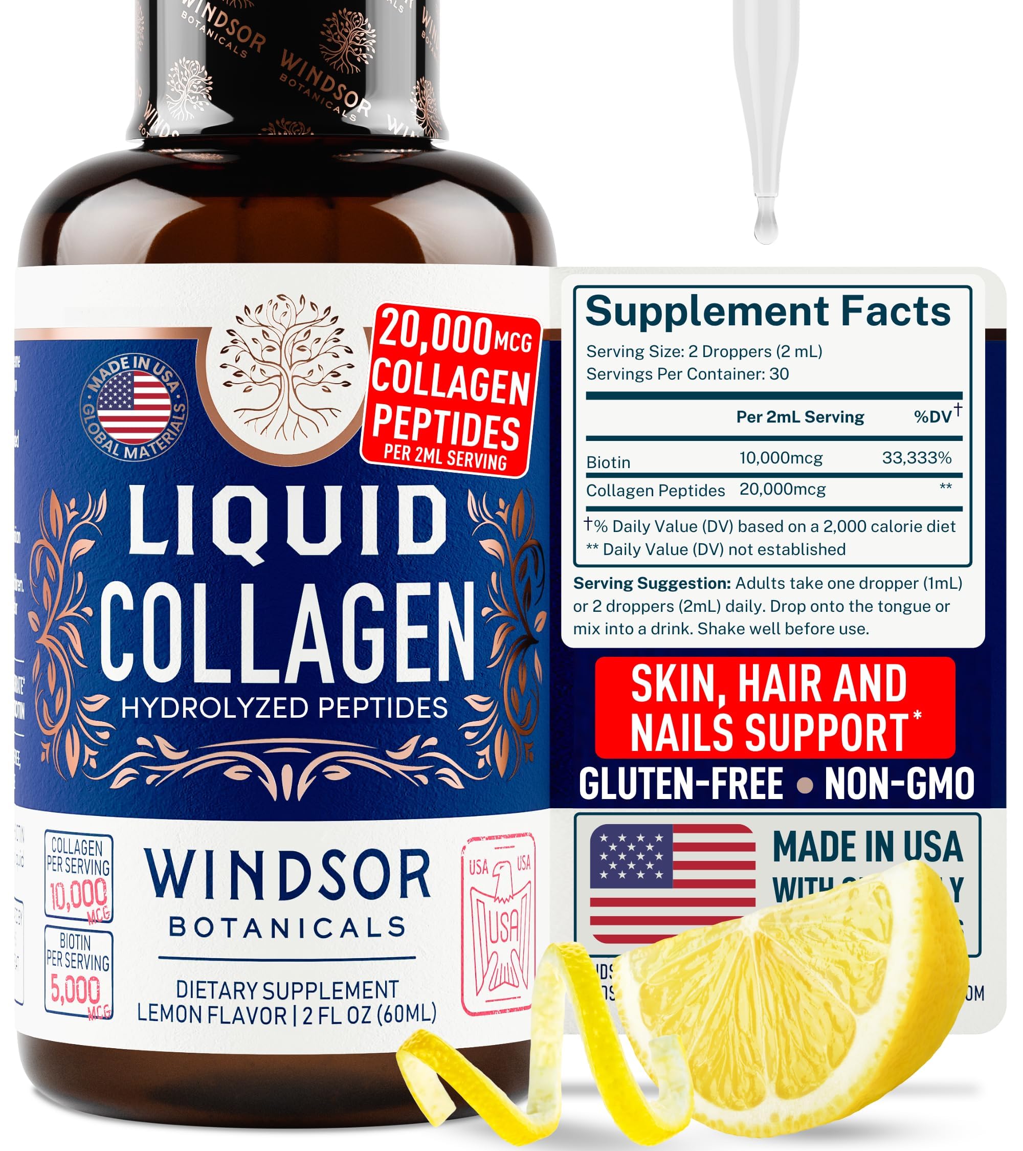 WINDSOR BOTANICALS colágeno líquido concentrado para piel y uñas, sabor limón