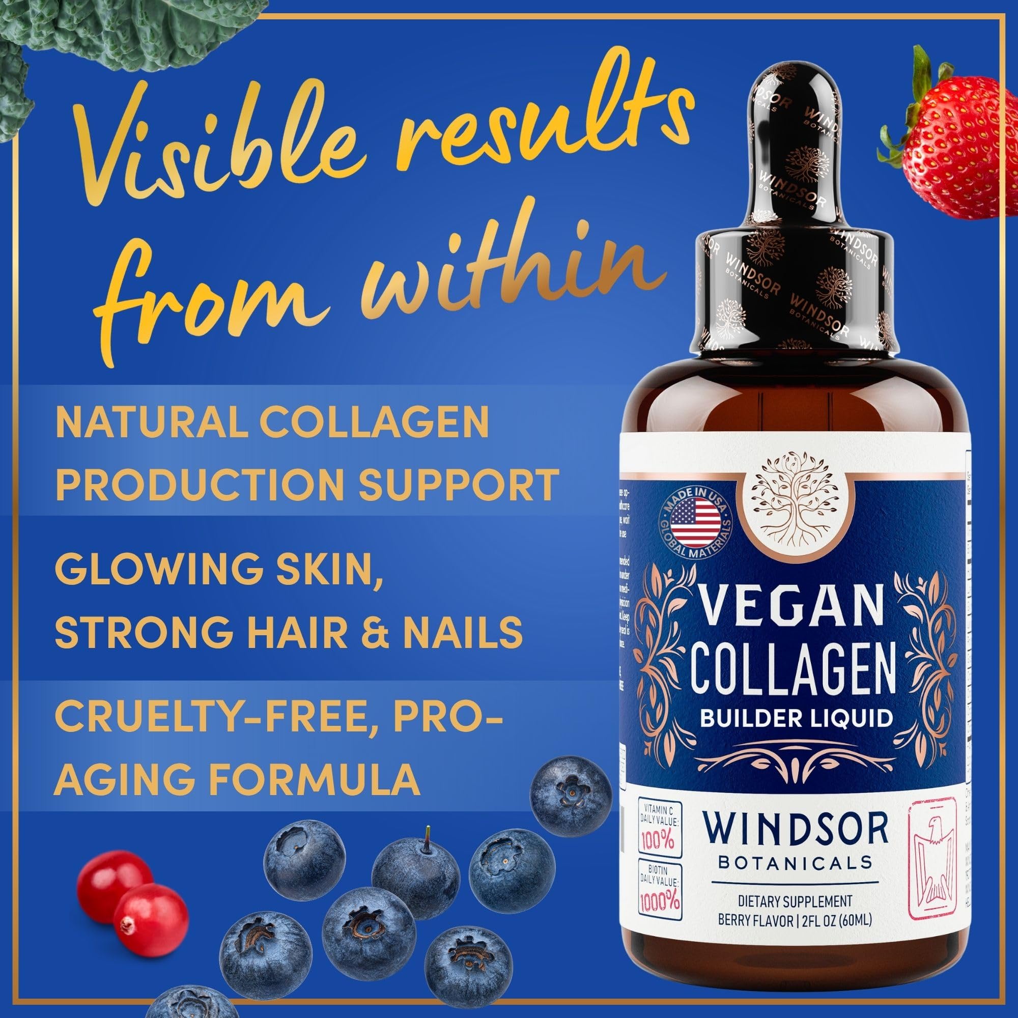 WINDSOR BOTANICALS Collagen Builder, botella-con-gotero: dosificación diaria fácil.