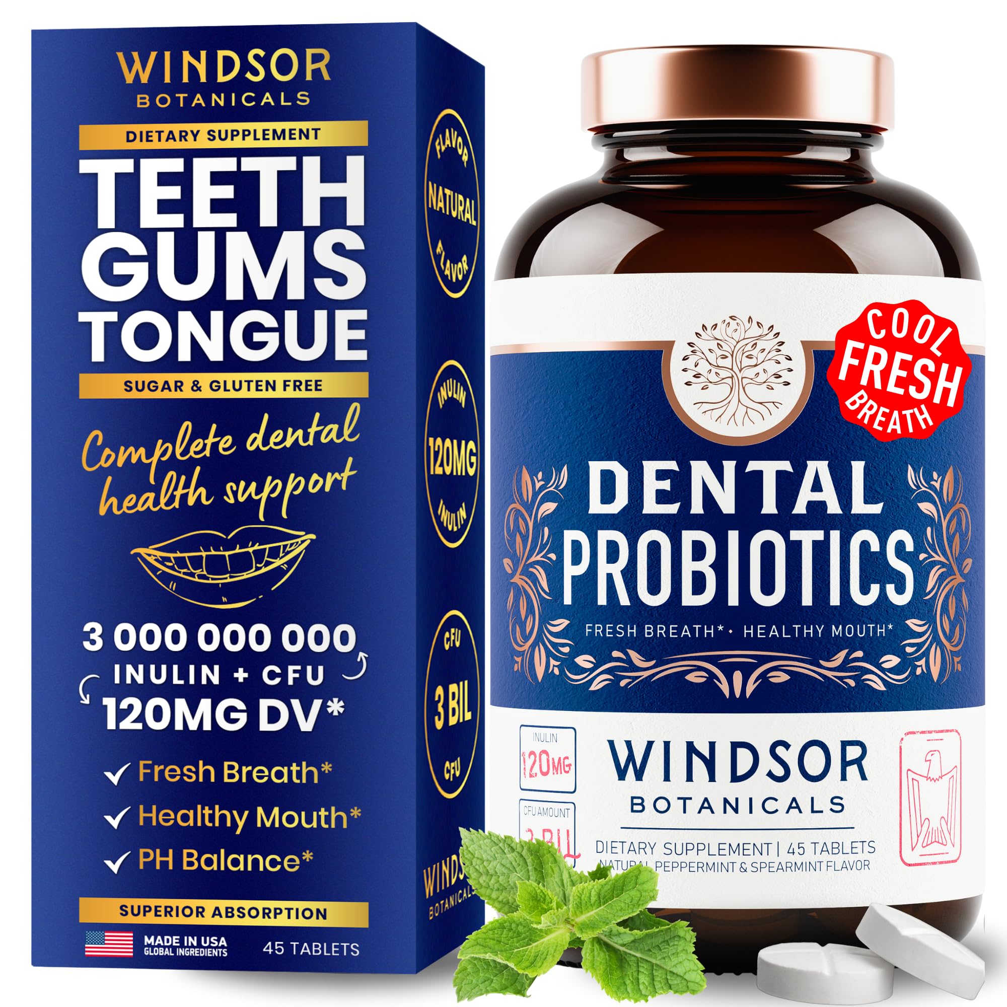 WINDSOR BOTANICALS: empaque de tabletas dentales de menta para higiene diaria