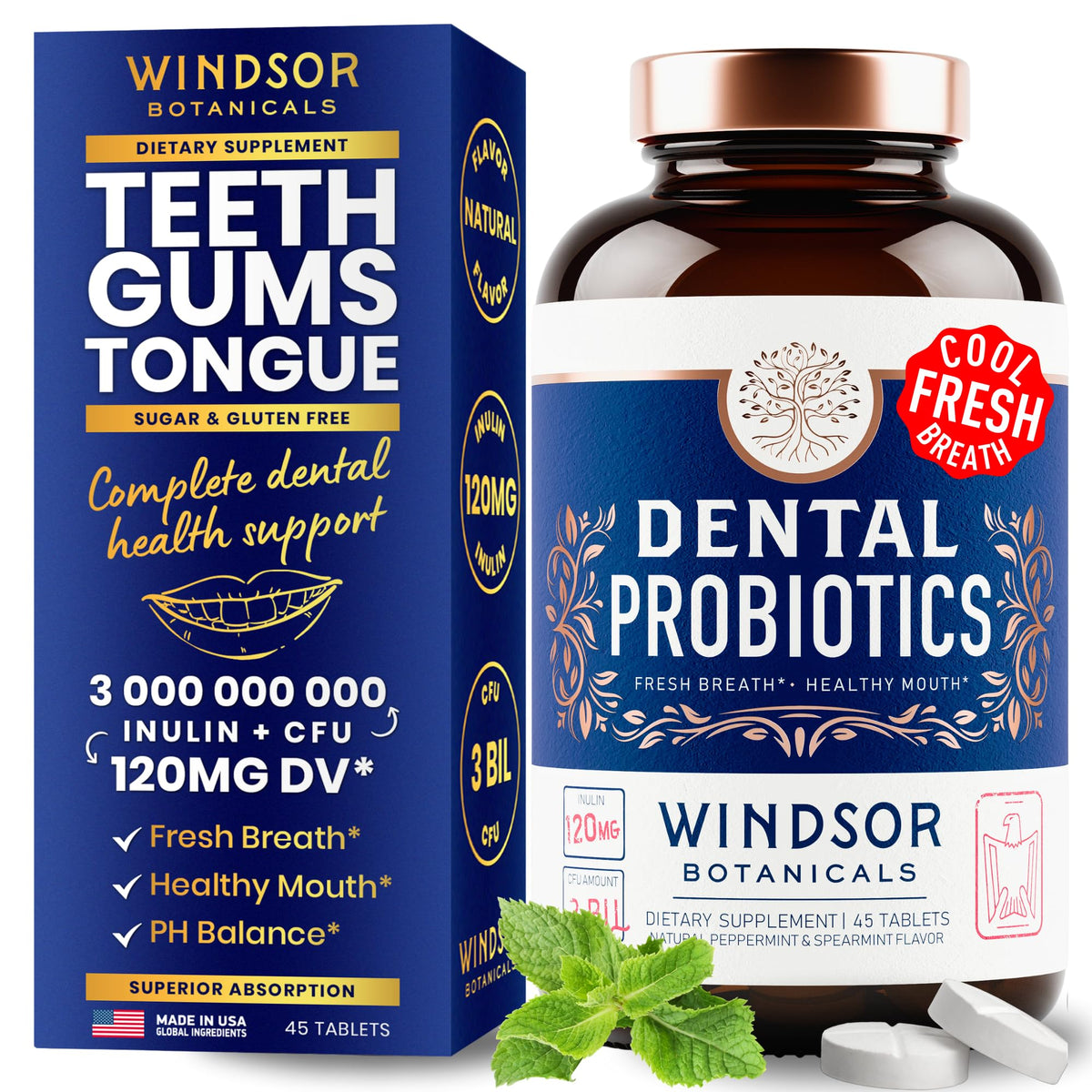 WINDSOR BOTANICALS: empaque de tabletas dentales de menta para higiene diaria
