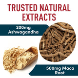 WINDSOR BOTANICALS: etiqueta del bote con datos de Maca y Ashwagandha.