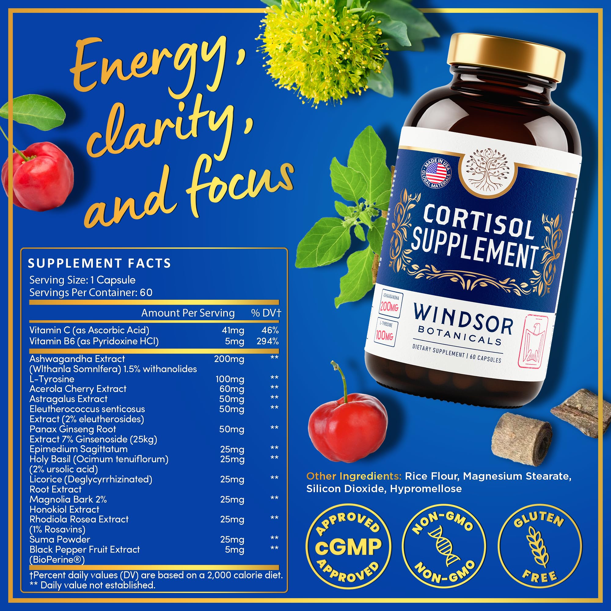 Etiqueta Windsor Botanicals cortisol, muestra la marca y calma.