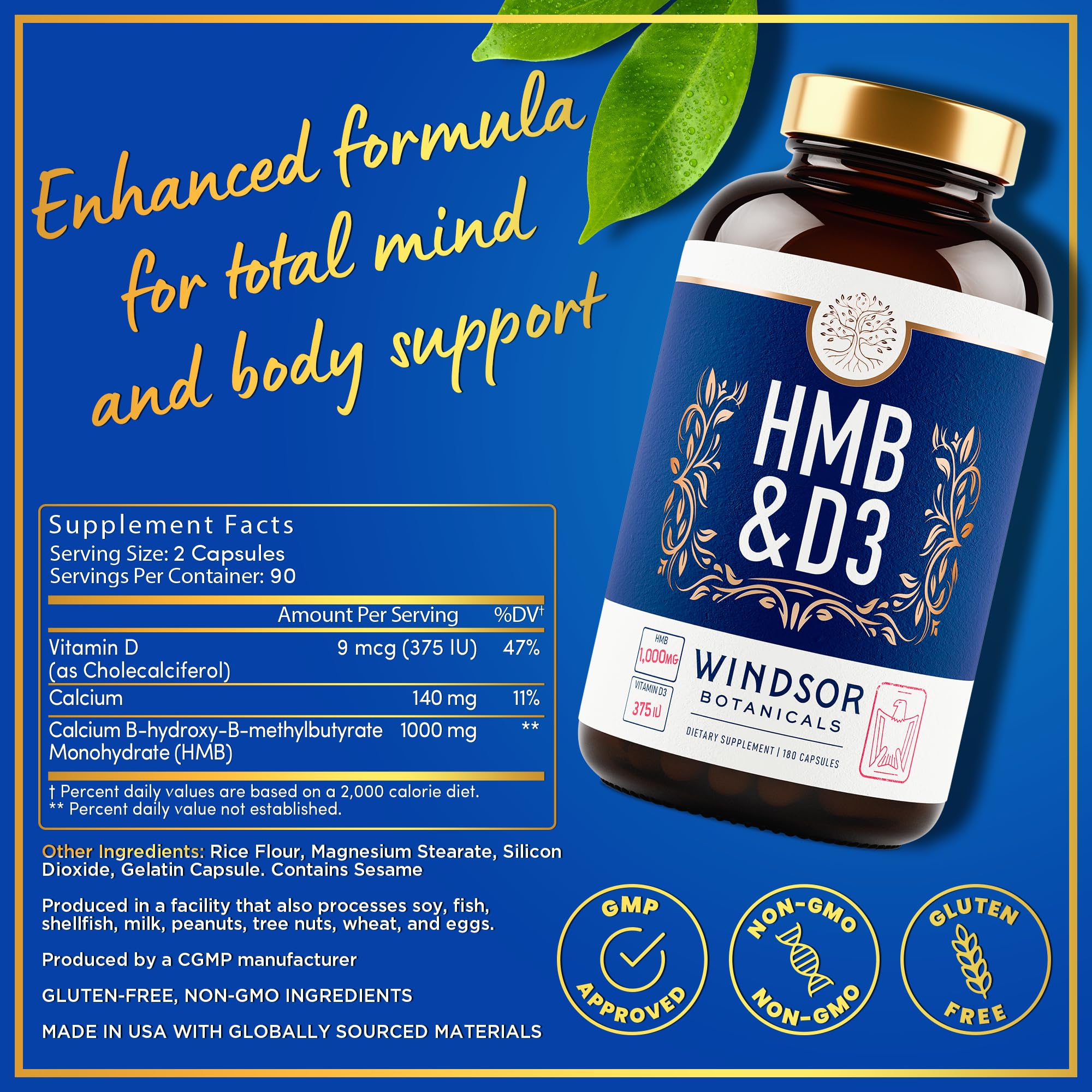 Etiqueta Windsor HMB D3 destacando calcio y vitamina D3 para la salud ósea.