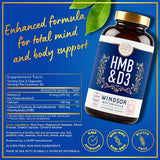 Etiqueta Windsor HMB D3 destacando calcio y vitamina D3 para la salud ósea.