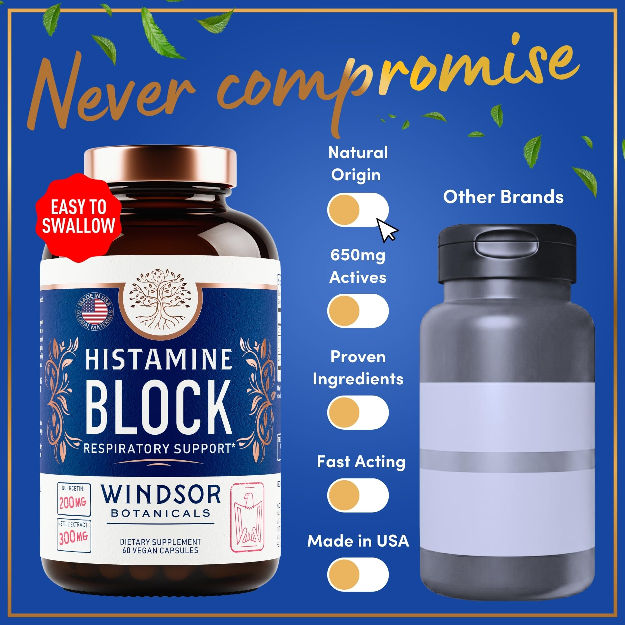 WINDSOR BOTANICALS Frasco bloqueador de histamina: fácil de tomar y almacenar