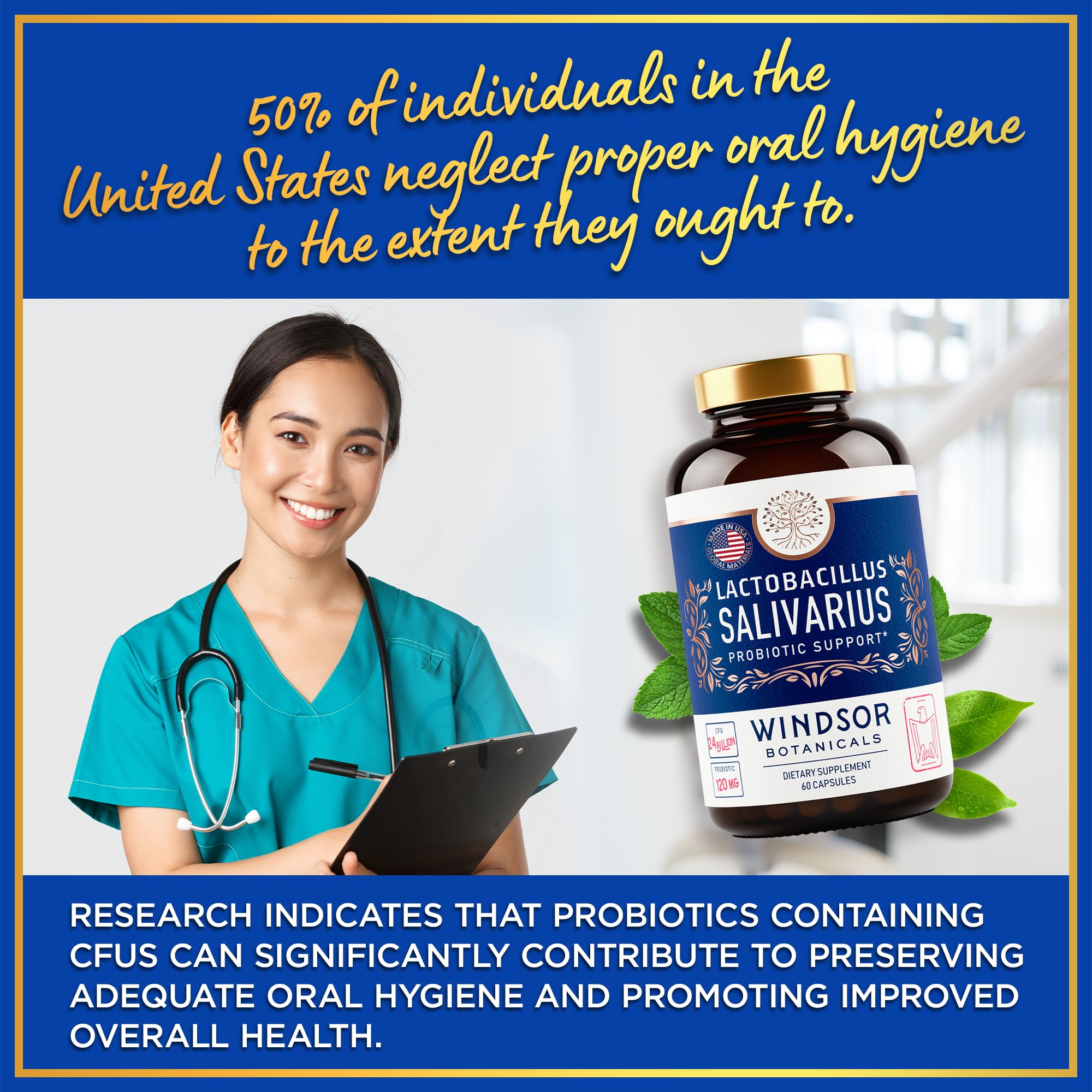 WINDSOR BOTANICALS hecho-eeuu-material-premium: ingredientes de calidad para probióticos orales.
