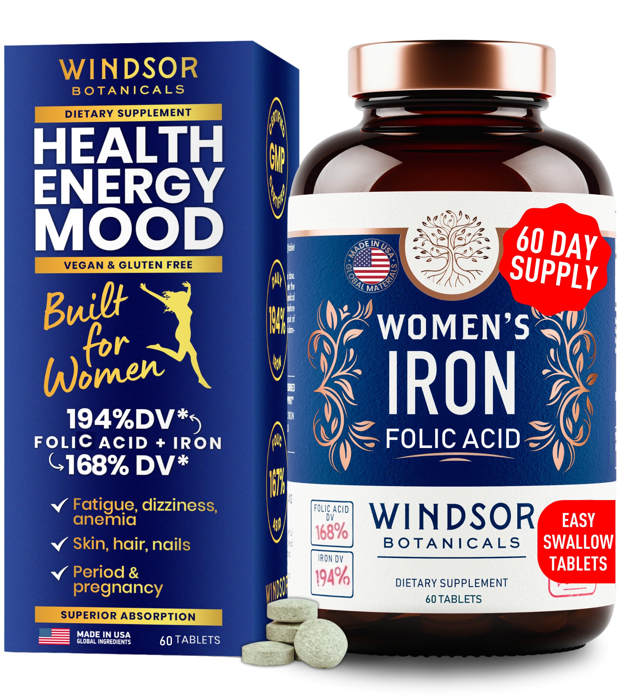 Windsor Botanicals Hierro suave 35 mg tableta para vitalidad diaria.