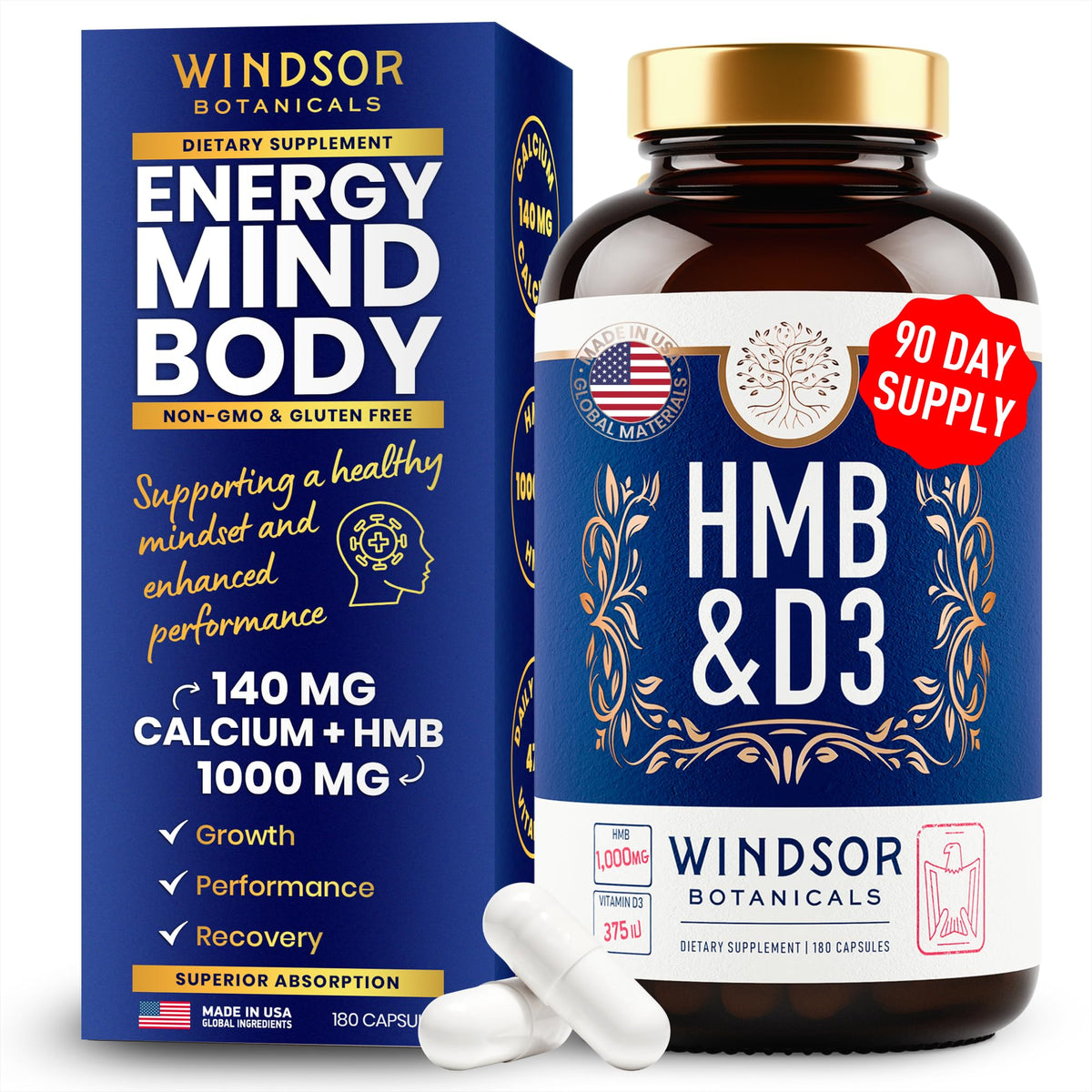 WINDSOR BOTANICALS HMB D3 en bote para apoyo muscular diario.