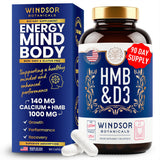 WINDSOR BOTANICALS HMB D3 en bote para apoyo muscular diario.