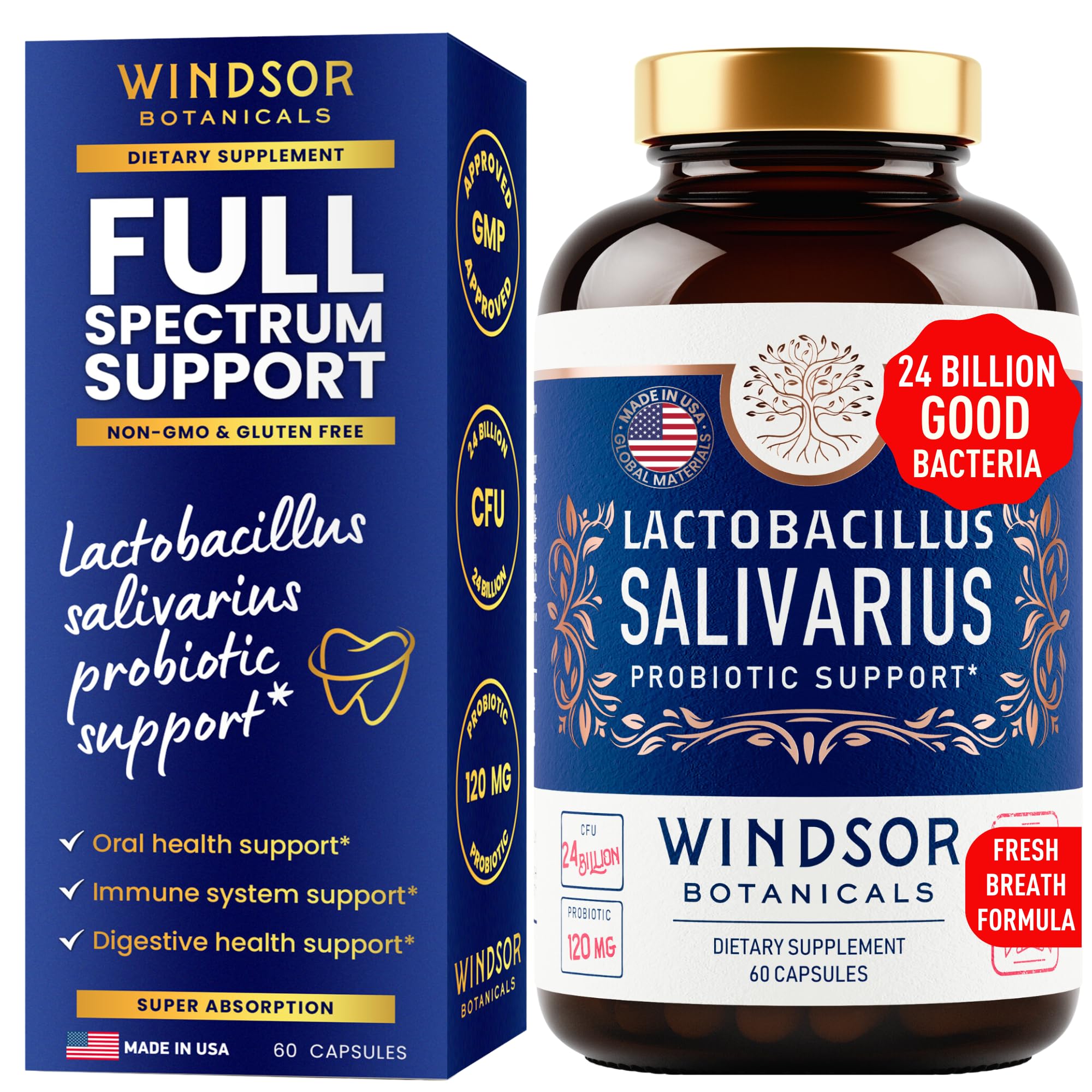 WINDSOR BOTANICALS Lactobacillus Salivarius cápsulas: uso diario para apoyar la salud bucal.