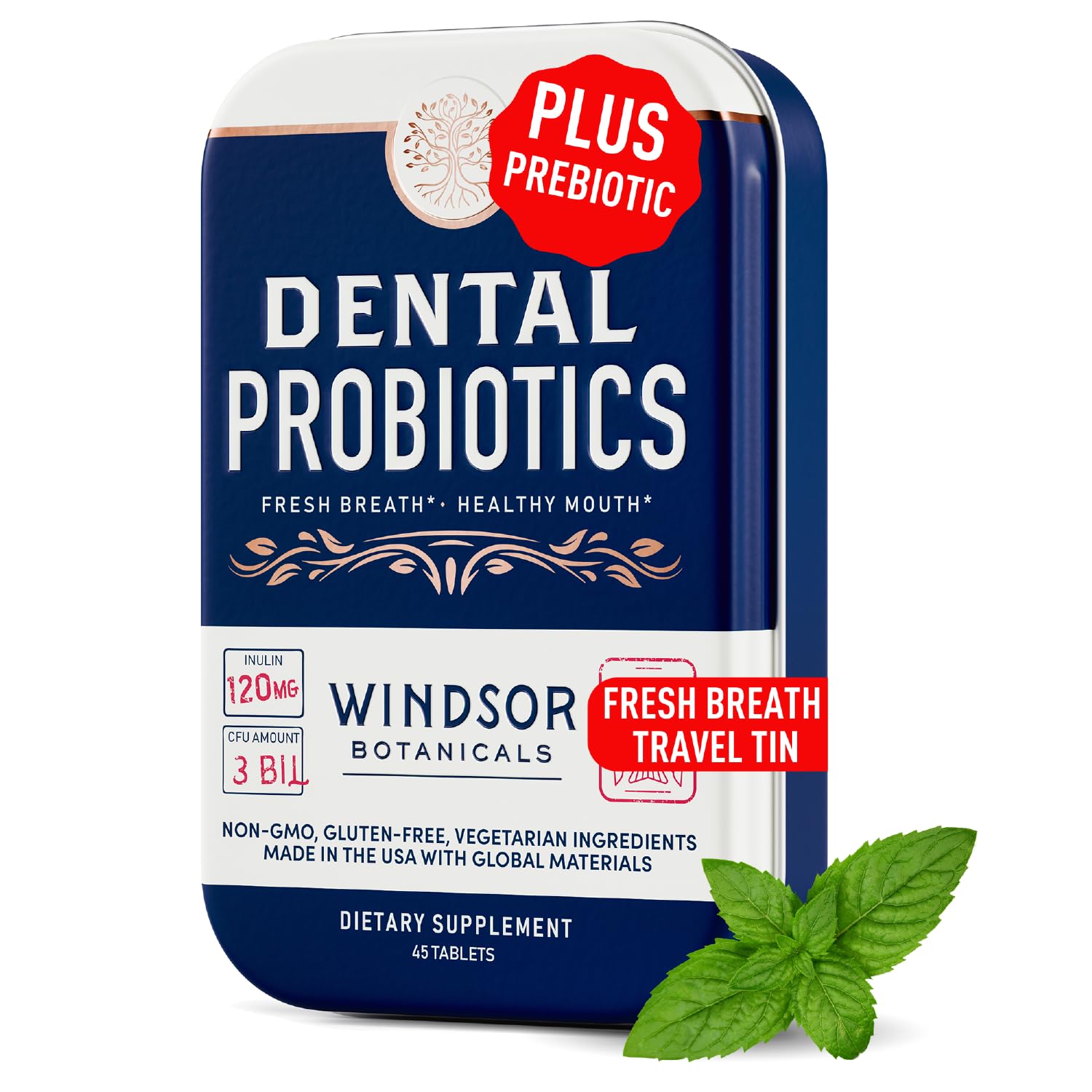 WINDSOR BOTANICALS probióticos dentales en lata para aliento fresco diario.