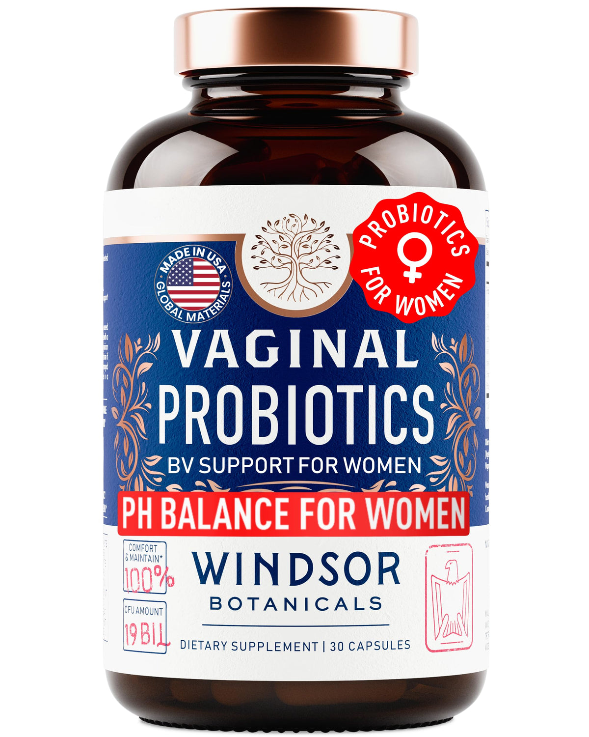 Probióticos vaginales Windsor Botanicals en botella para equilibrio diario.