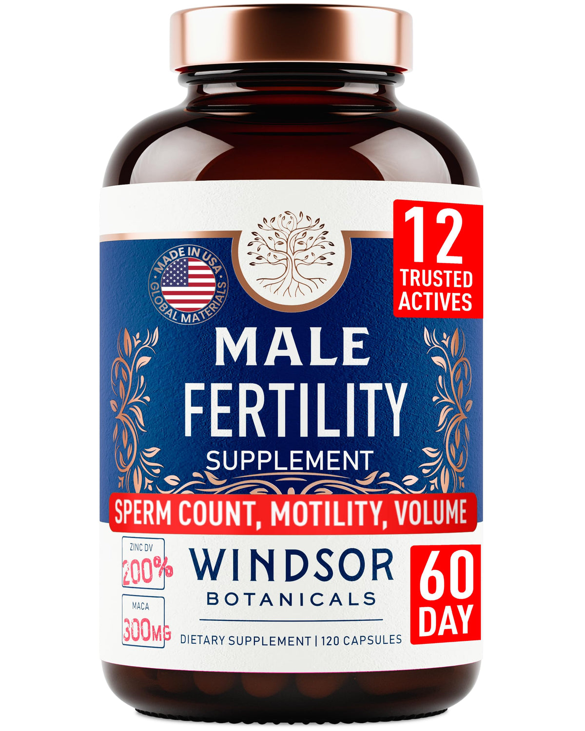 WINDSOR BOTANICALS suplemento fertilidad masculina: frasco frontal con maca para vitalidad