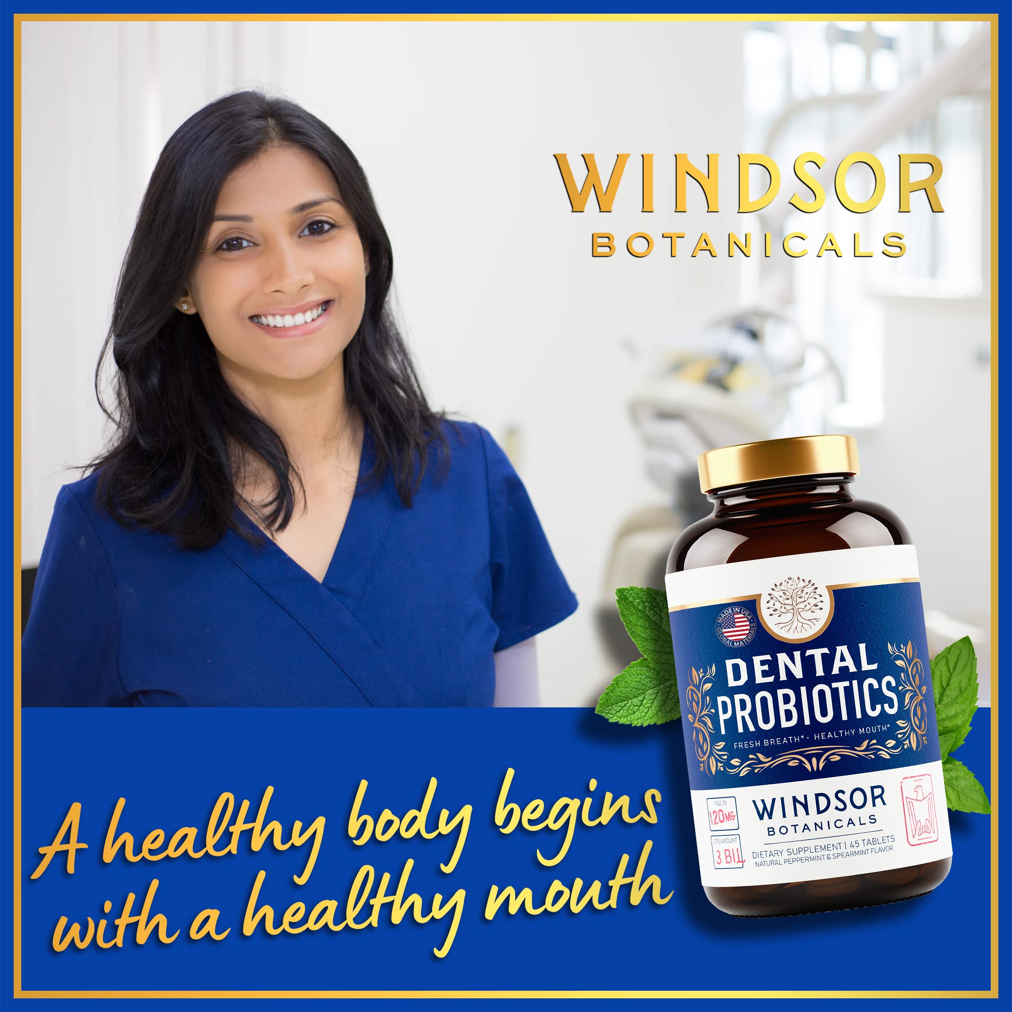 Tabletas probióticas Windsor Botanicals en primer plano para boca fresca
