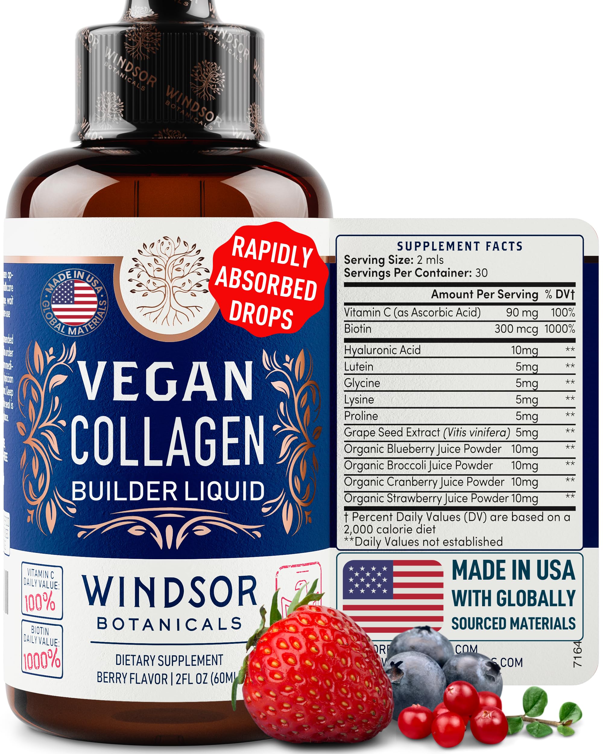 WINDSOR BOTANICALS colágeno vegano líquido, botella de 60 ml para piel y cabello.