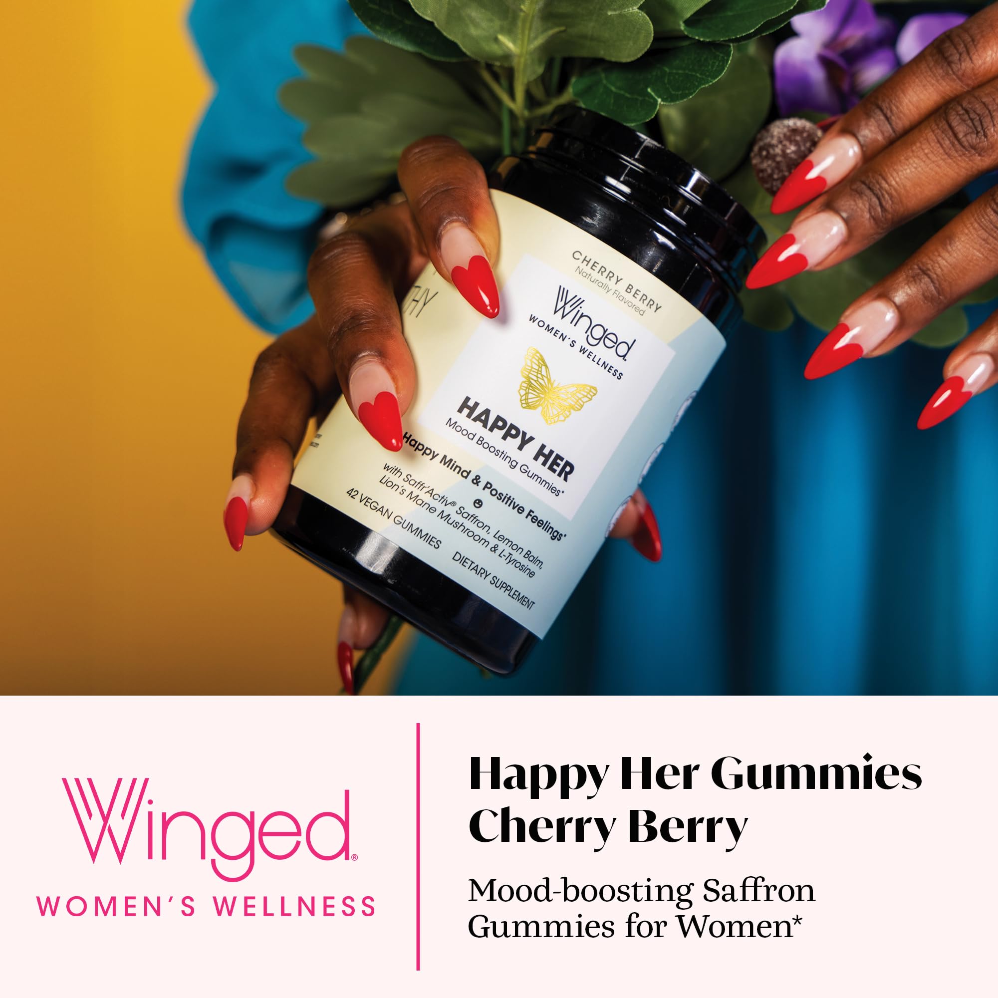 Winged Happy Her con extracto de azafrán saffractiv para bienestar emocional