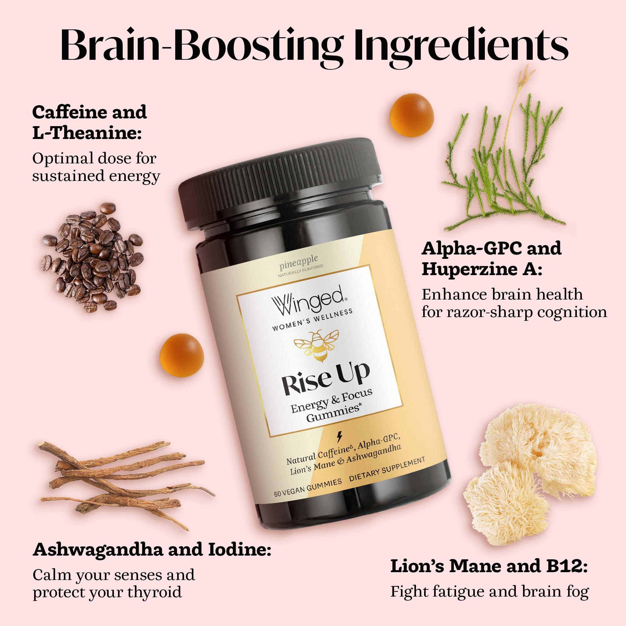 Winged Wellness Rise Up ingredientes clave: Alpha-GPC y hongo melena de león para claridad