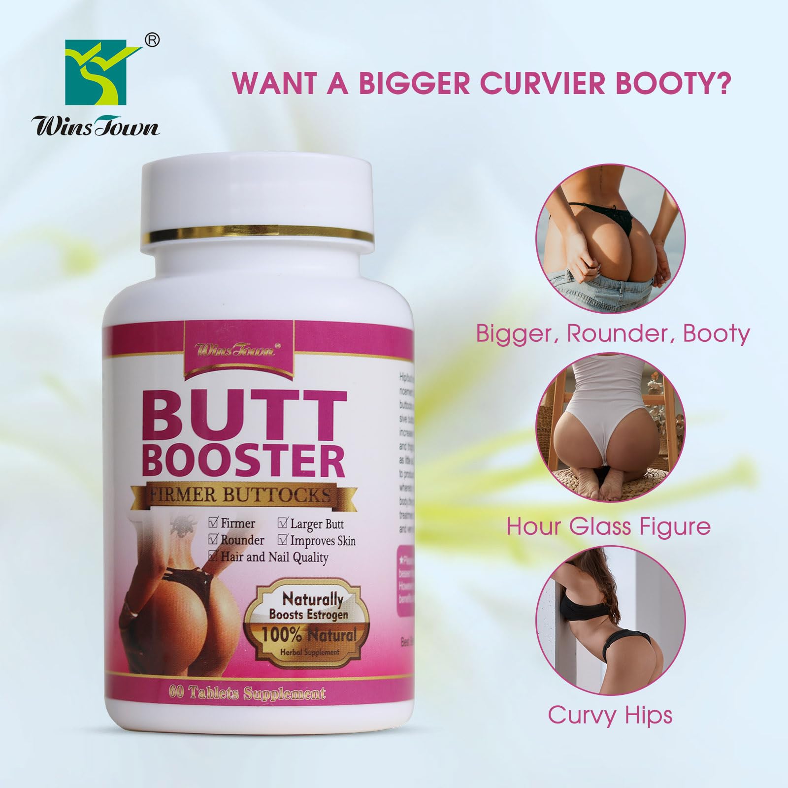 Cápsulas de Wins Town Butt Booster Pills para uso diario.