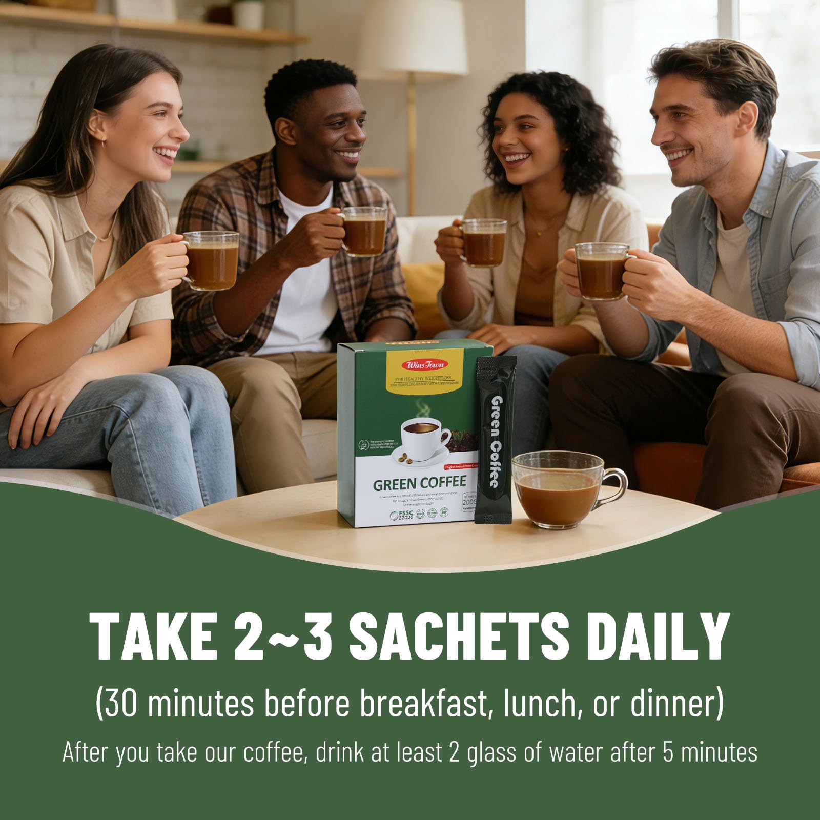 Uso diario con Wins Town café verde para hábitos fáciles.
