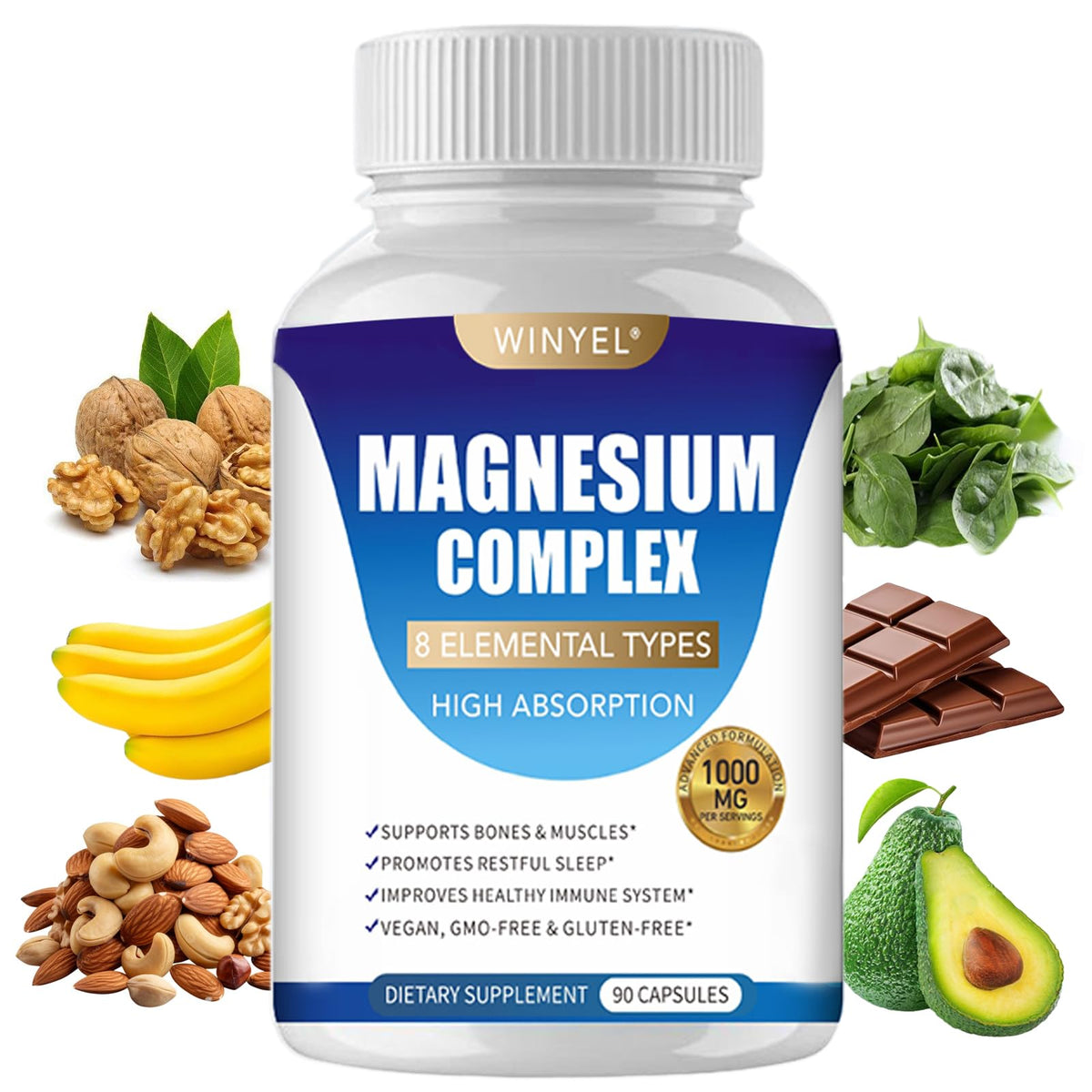 WINYEL Magnesium Complex: 8 quelatos para absorción eficiente y sueño reparador.
