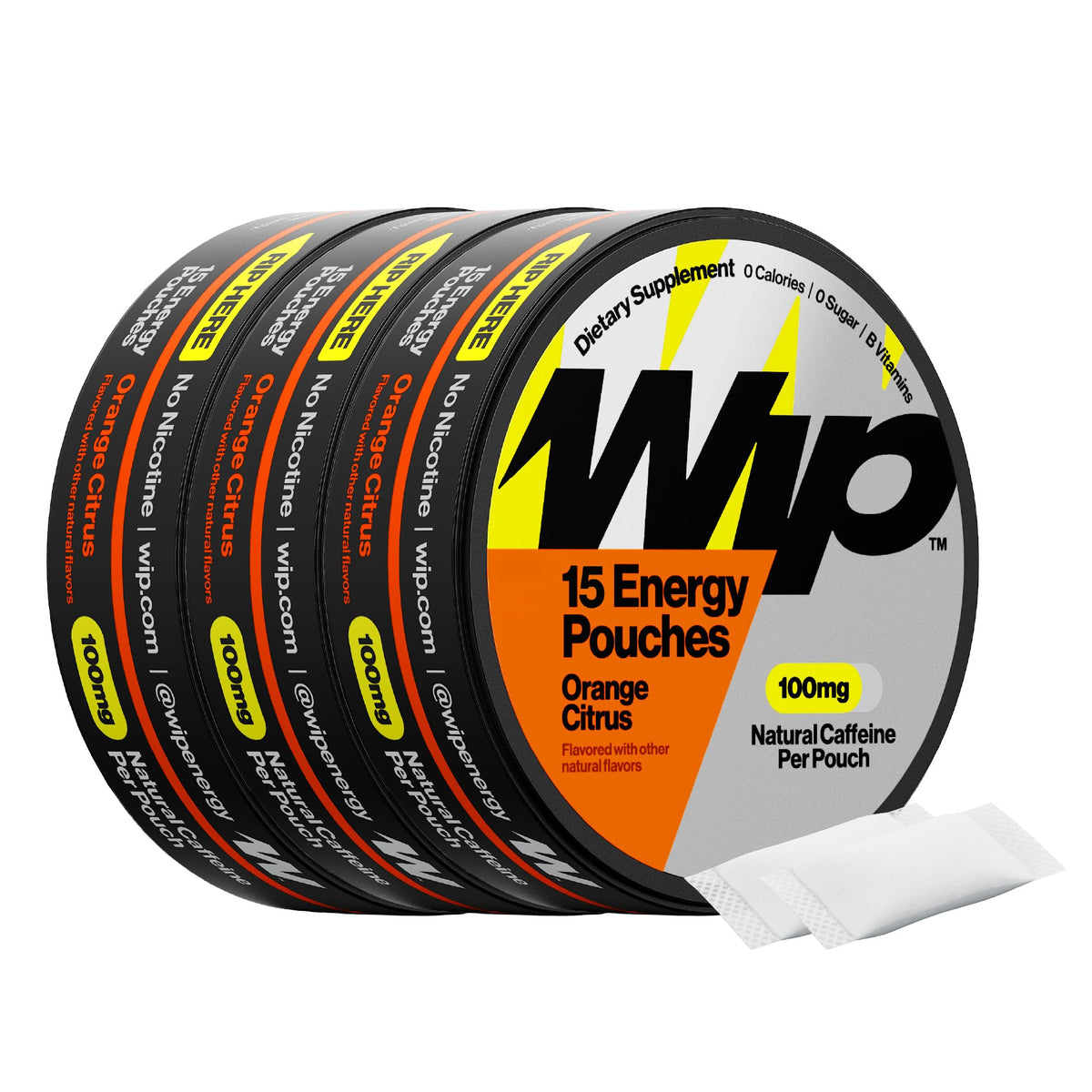 Wip, bolsas energia naranja-citrico frente al envase para vitalidad matutina
