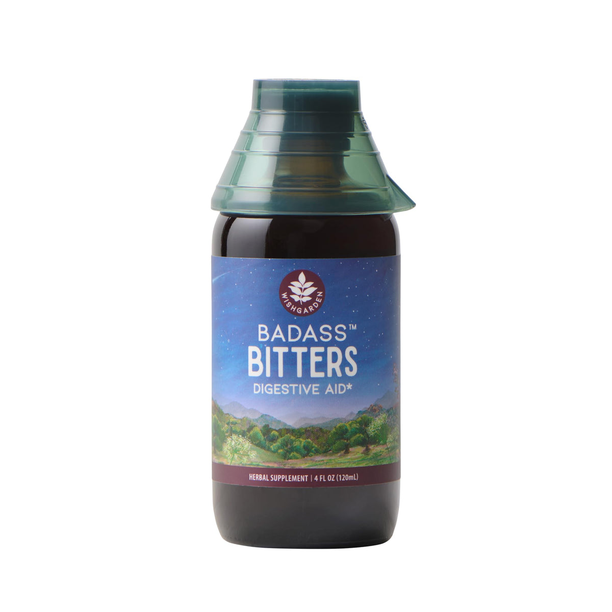 WishGarden Badass Bitters: botella en primer plano para apoyar la digestión natural.