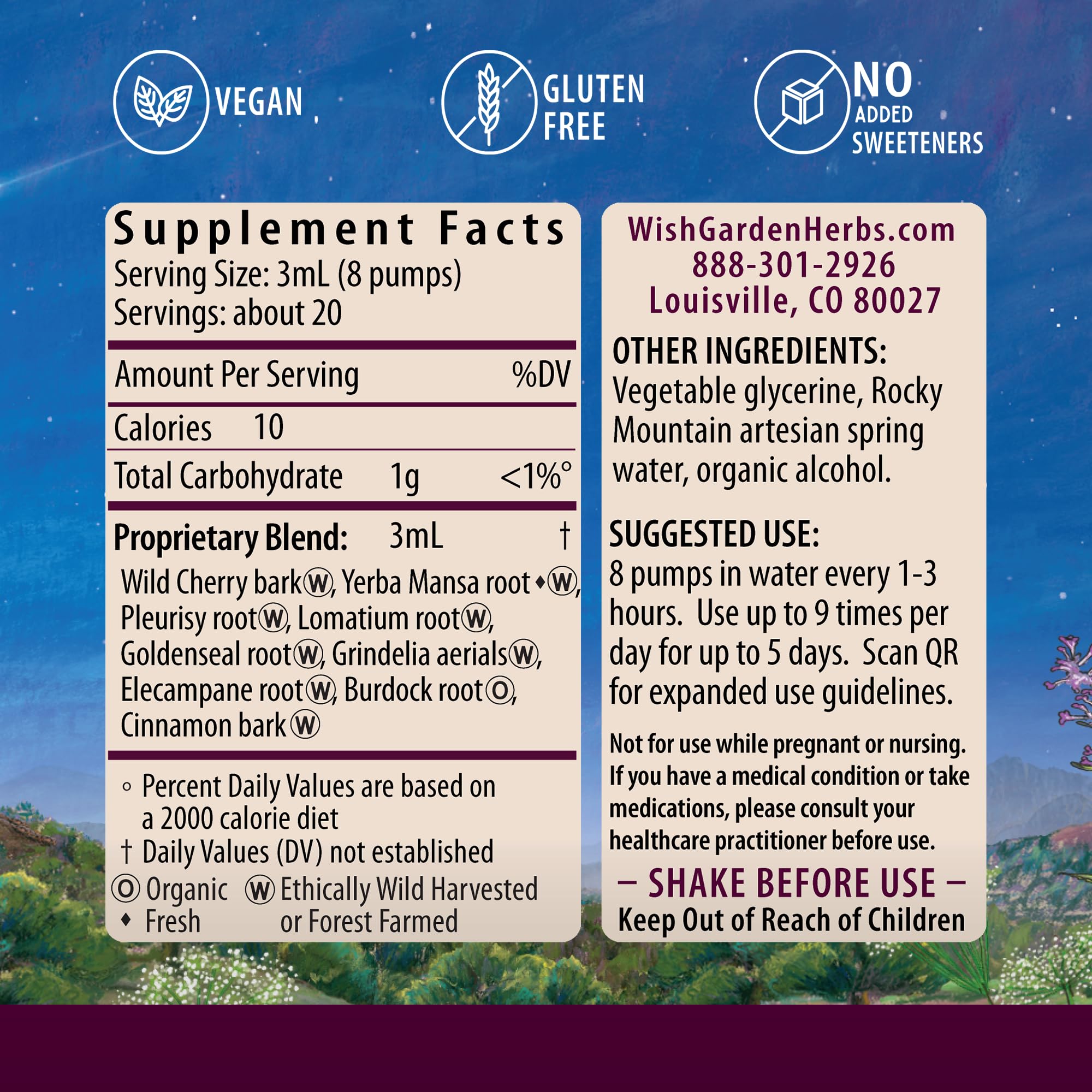 WishGarden Get Over It! botella etiqueta botanica con ingredientes visibles.