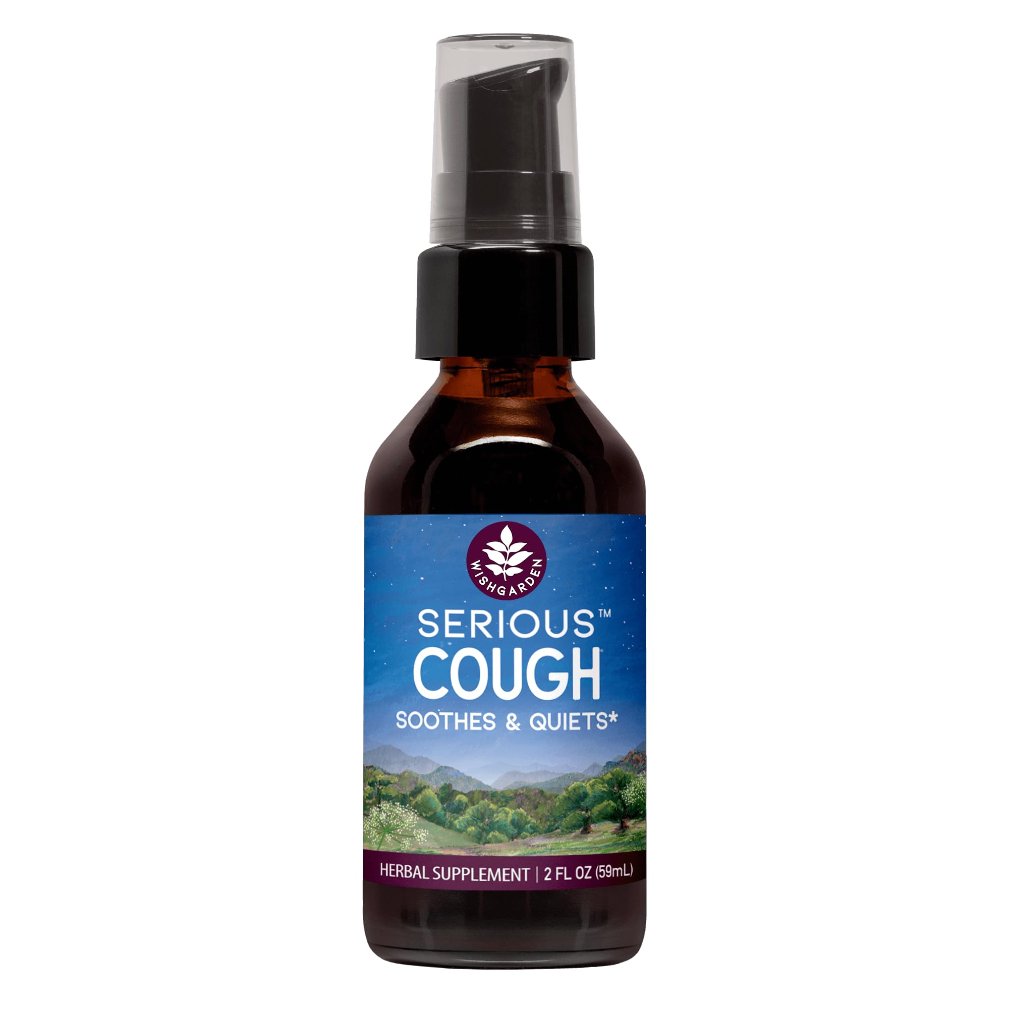 WishGarden Serious Cough: botella-vertido para aplicación rápida de hierbas, alivio suave de la garganta.