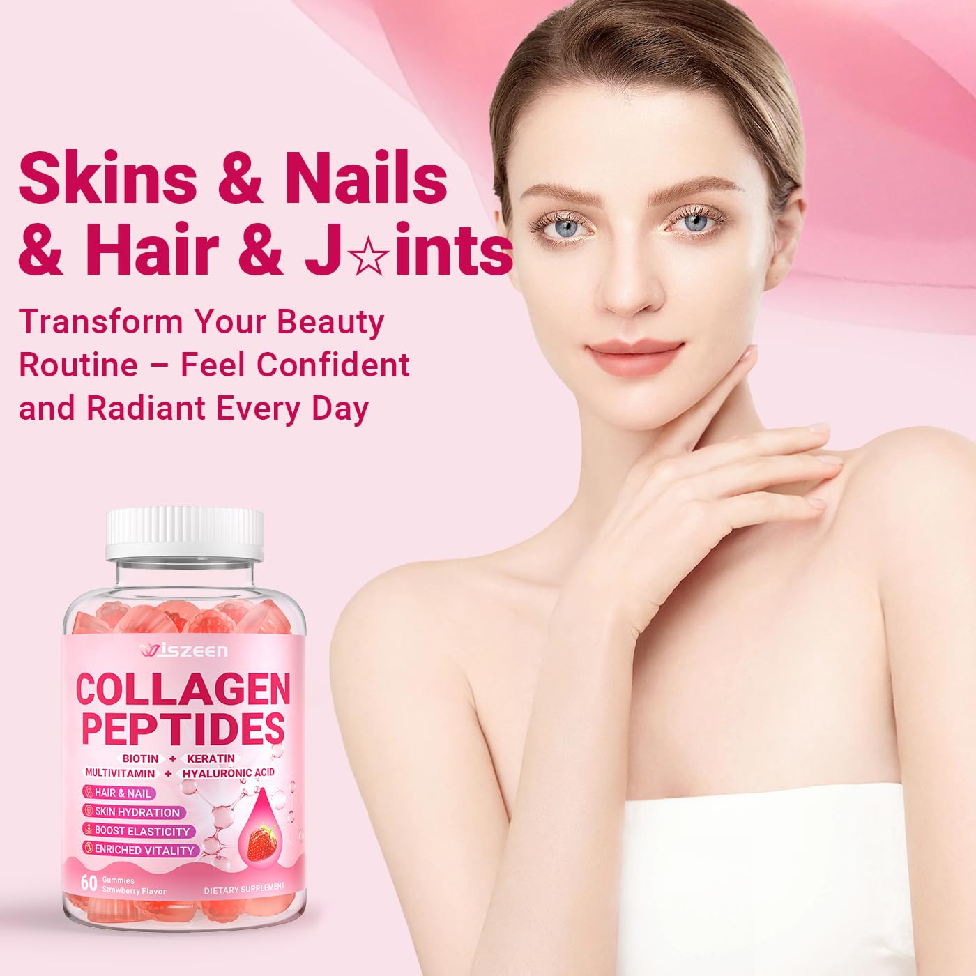 Wiszeen Gomitas de Colágeno: cabello y uñas más fuertes con uso regular.