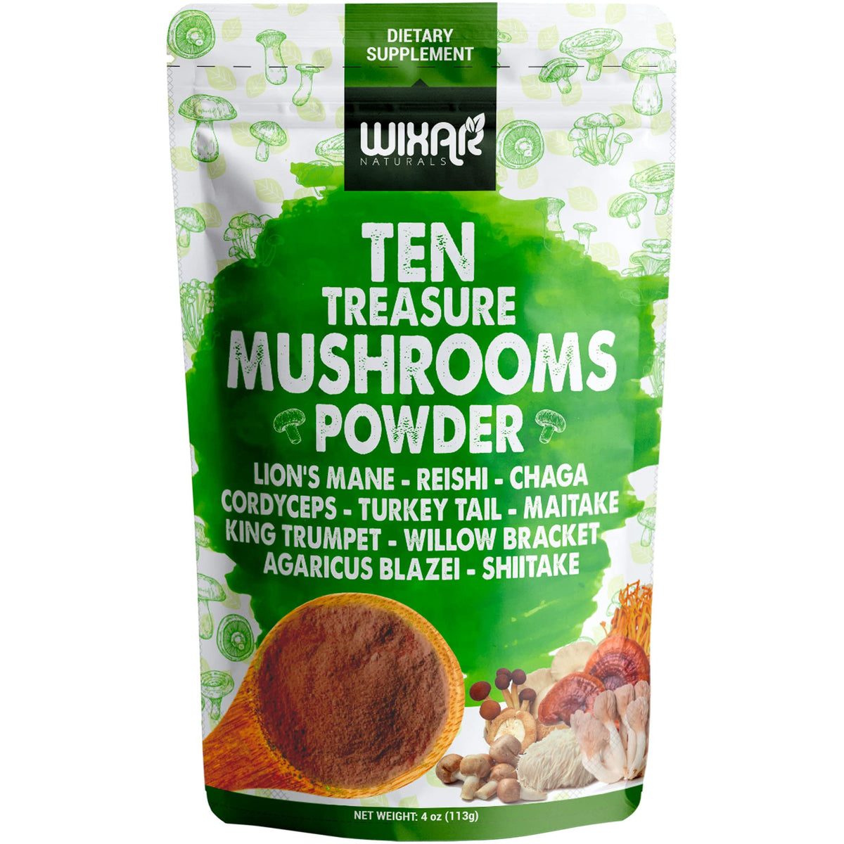 Wixar Naturals polvo de hongos Diez Hongos Tesoro para café, energía y enfoque