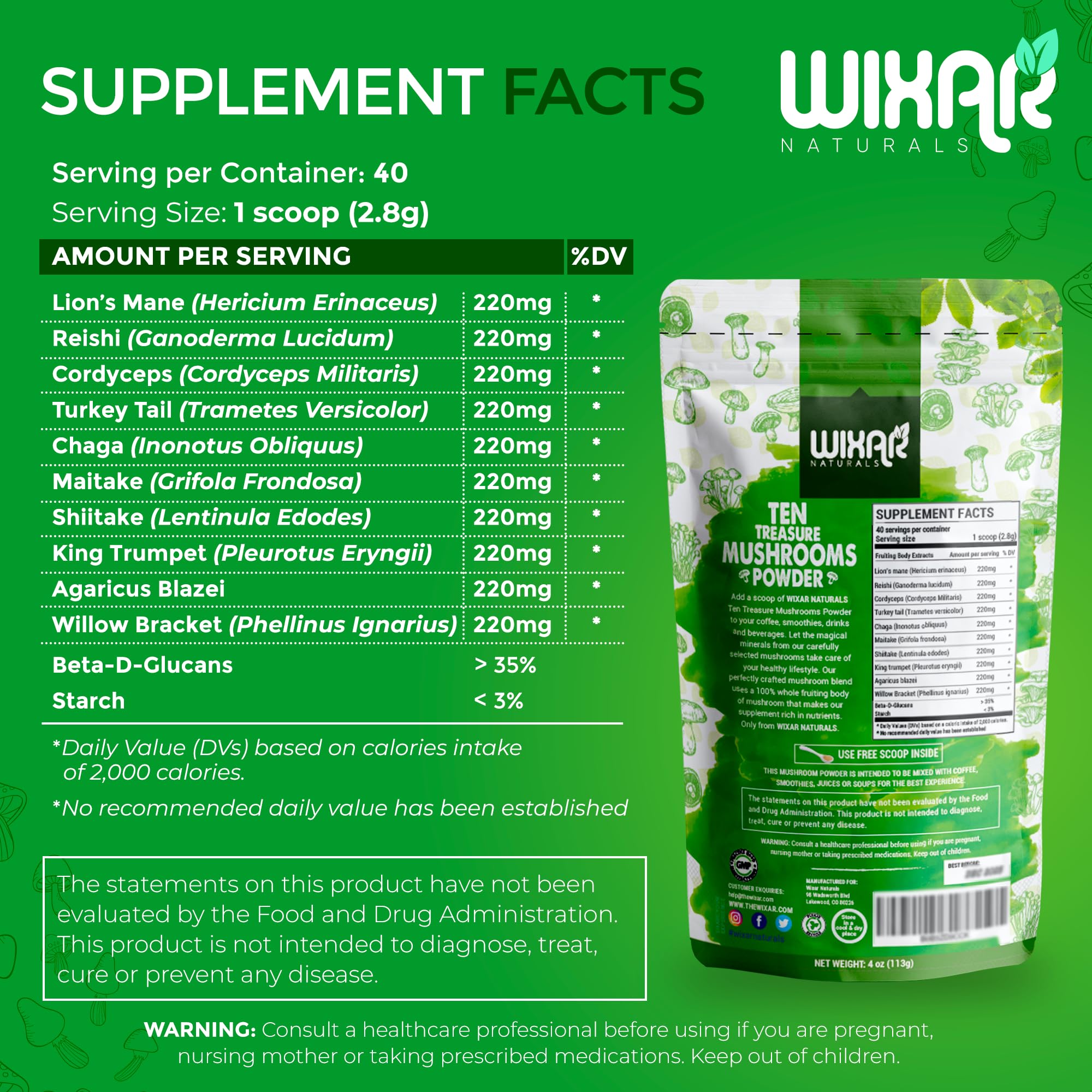 Wixar Naturals reishi (Ganoderma lucidum) en polvo