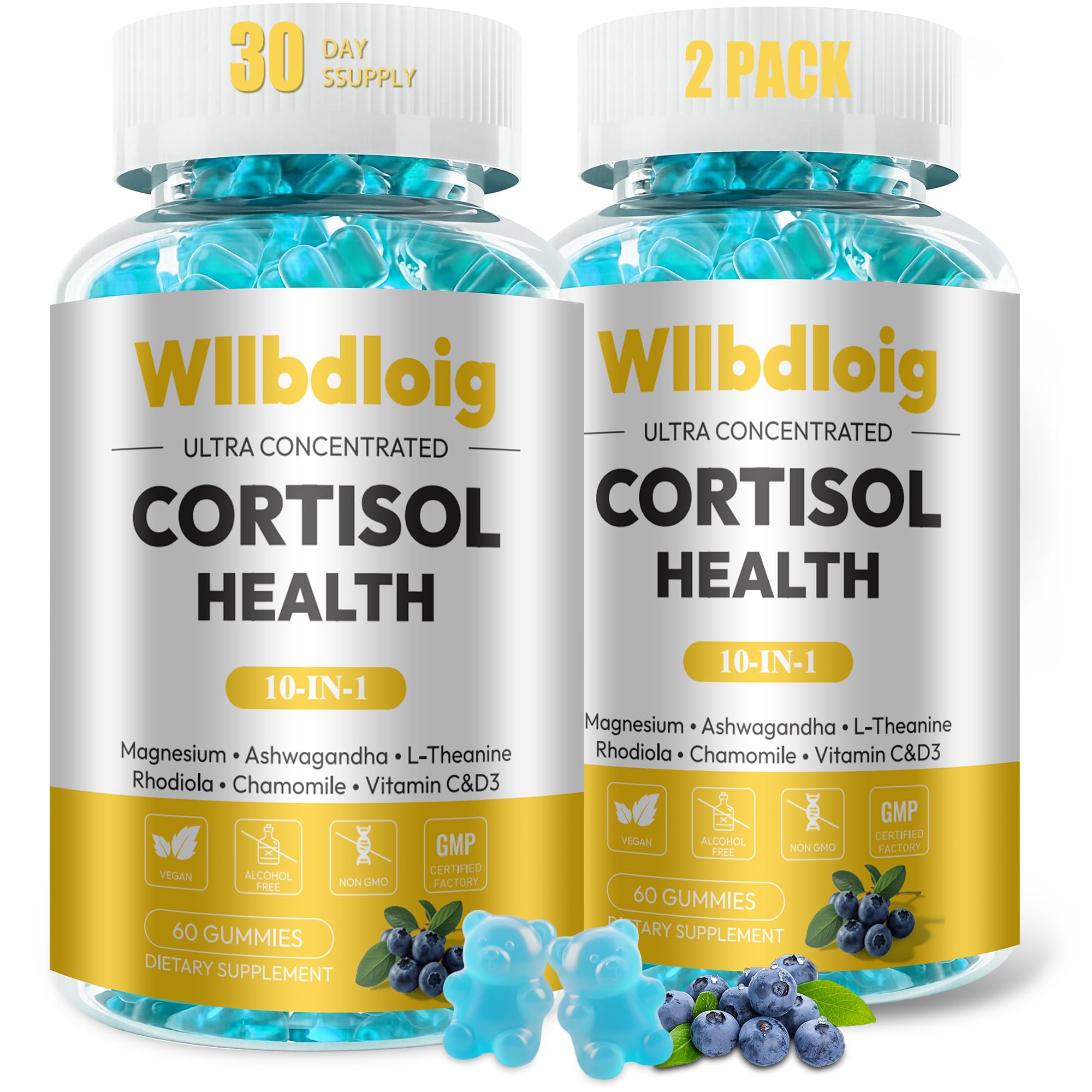Gomitas cortisol Wllbdloig frente a la botella, apoyo diario al estrés.