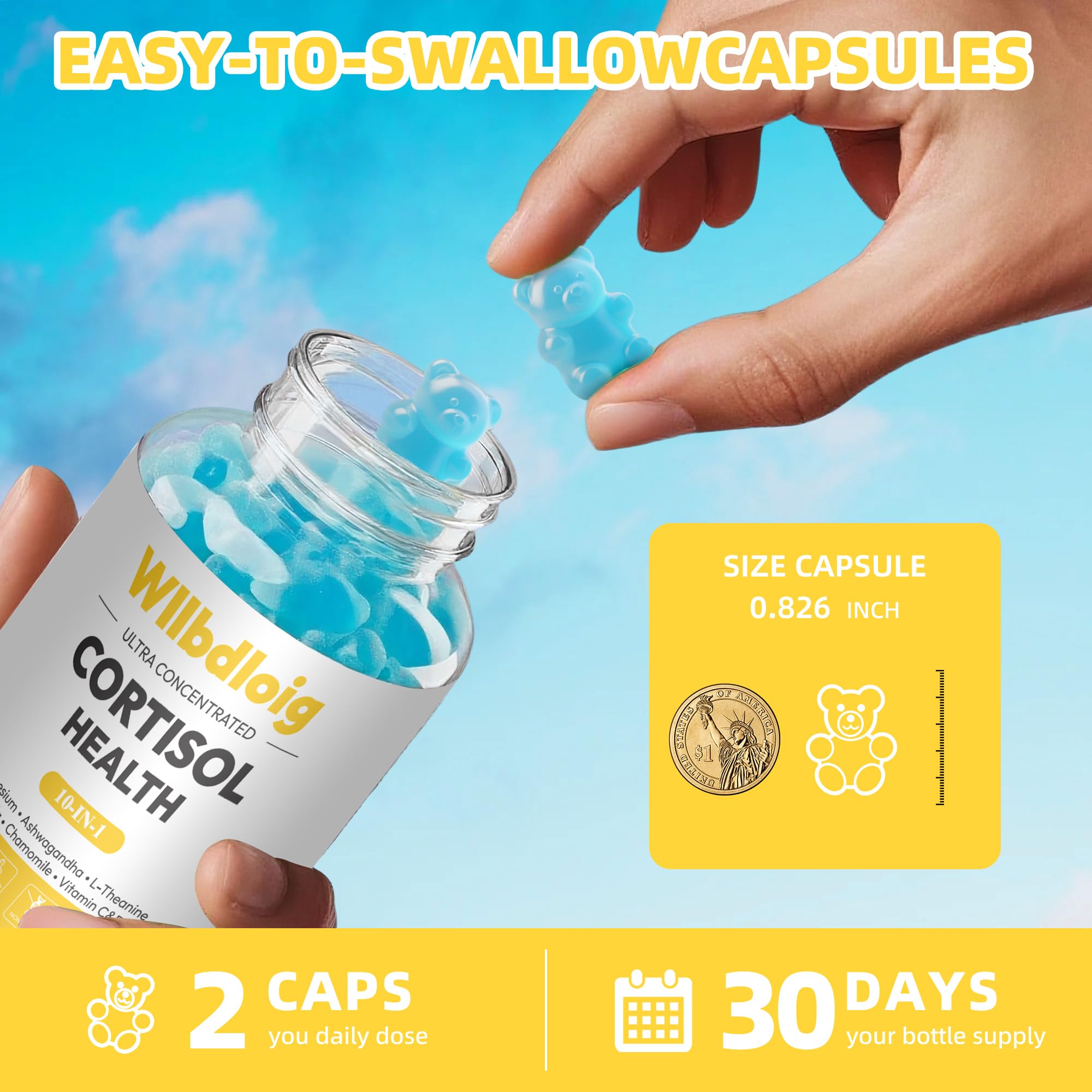 Etiqueta clara Wllbdloig cortisol gomitas para usuarios conscientes.